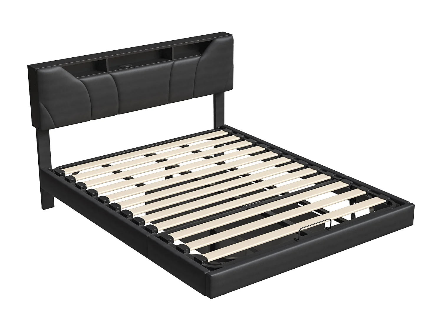 Lit double rembourré, 160 x 200, avec LED et USB, cadre de lit flottant, avec sommier à lattes, Noir