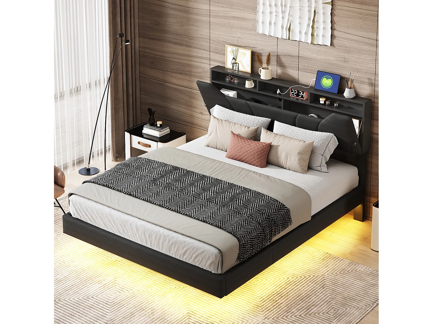 Gestoffeerd tweepersoonsbed, 160 x 200 cm, met led- en usb-aansluiting, zwevend bedframe met lattenbodem, zwart