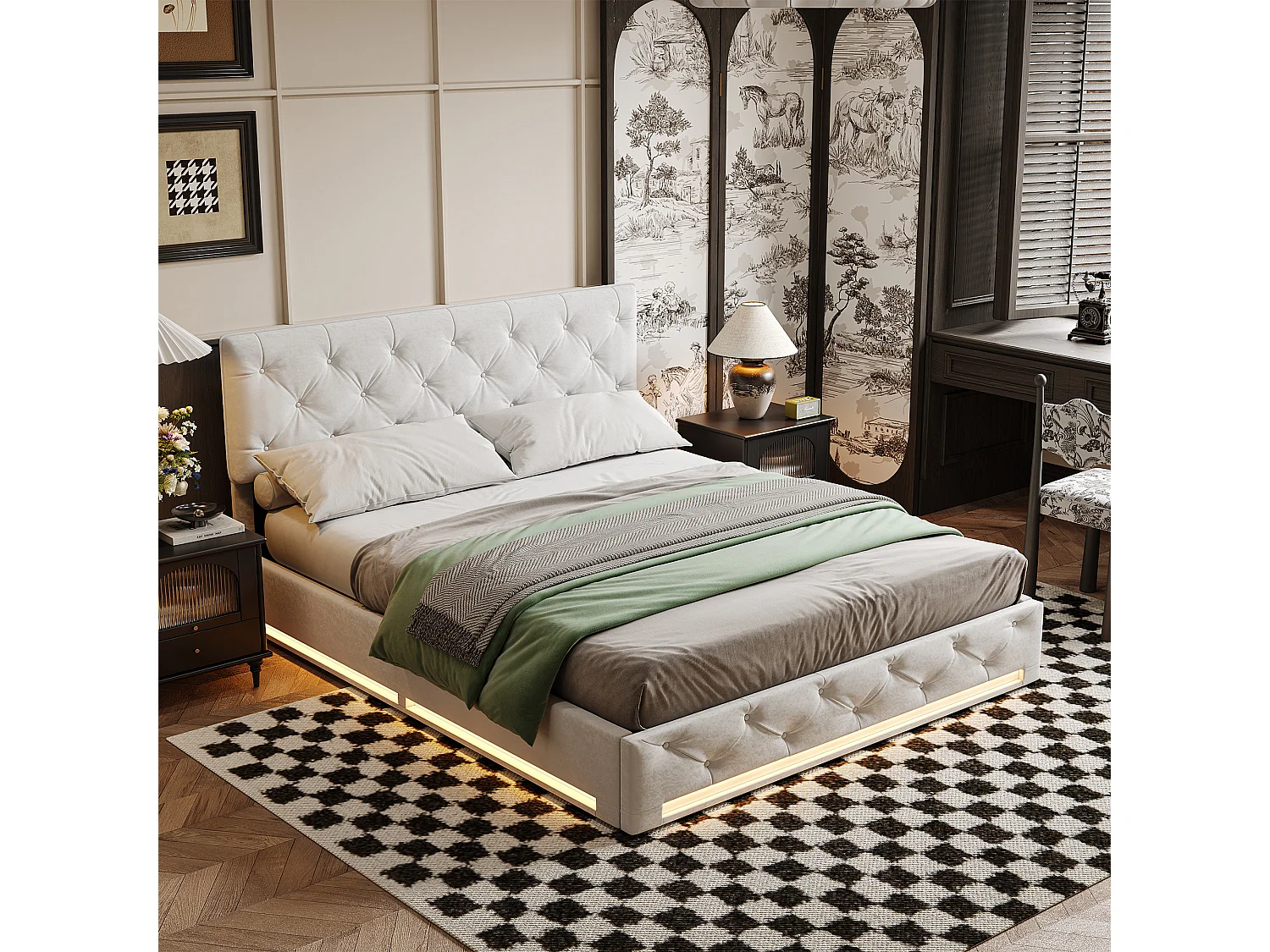 Bed met opbergruimte 140x200 cm, tweepersoonsbed met ledverlichting, springbed met lattenbodem, linnen, beige