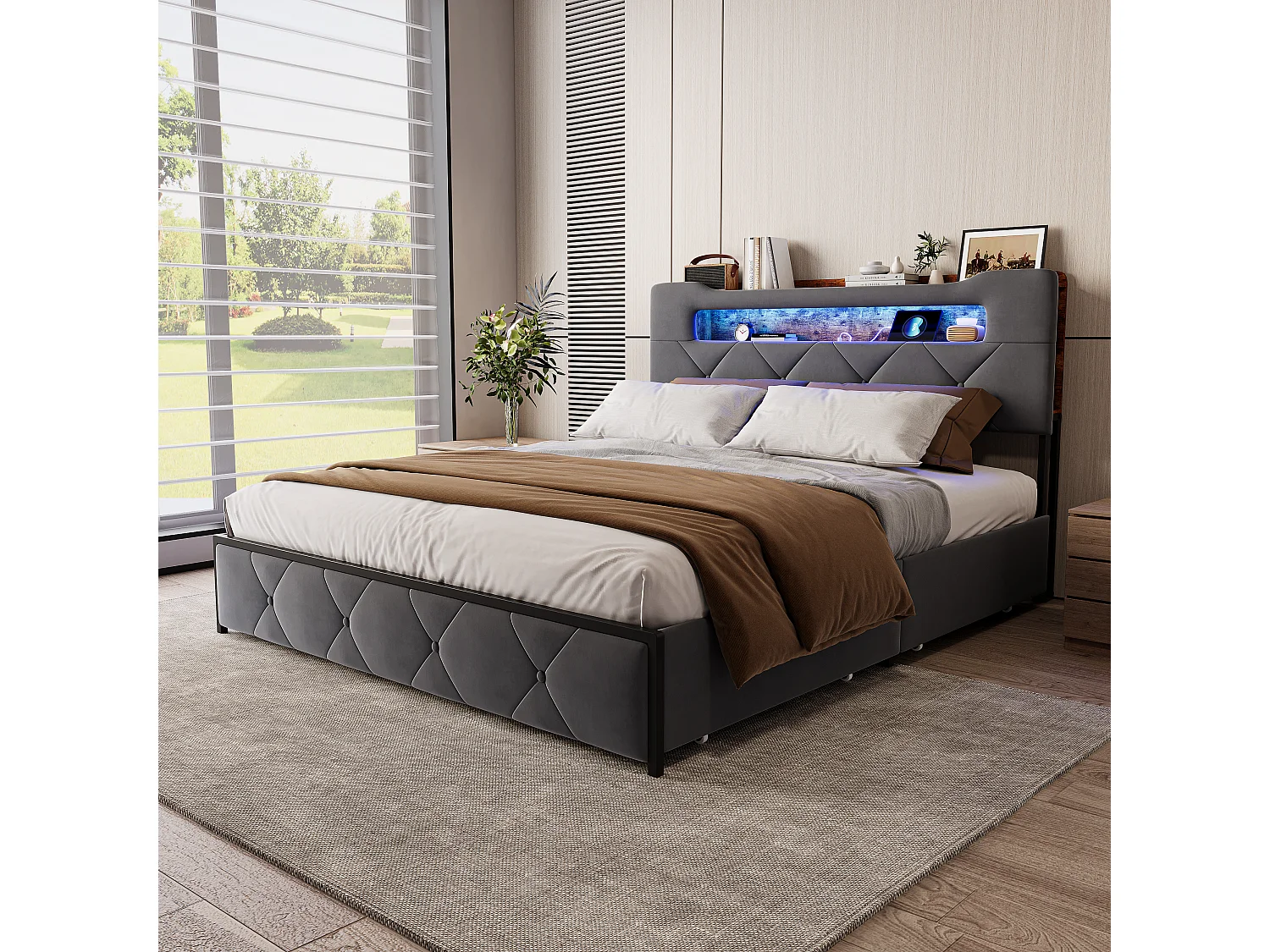 Cama de casal 160x200 com LED e USB, com prateleiras abertas e cabeceira estofada, em veludo cinza.