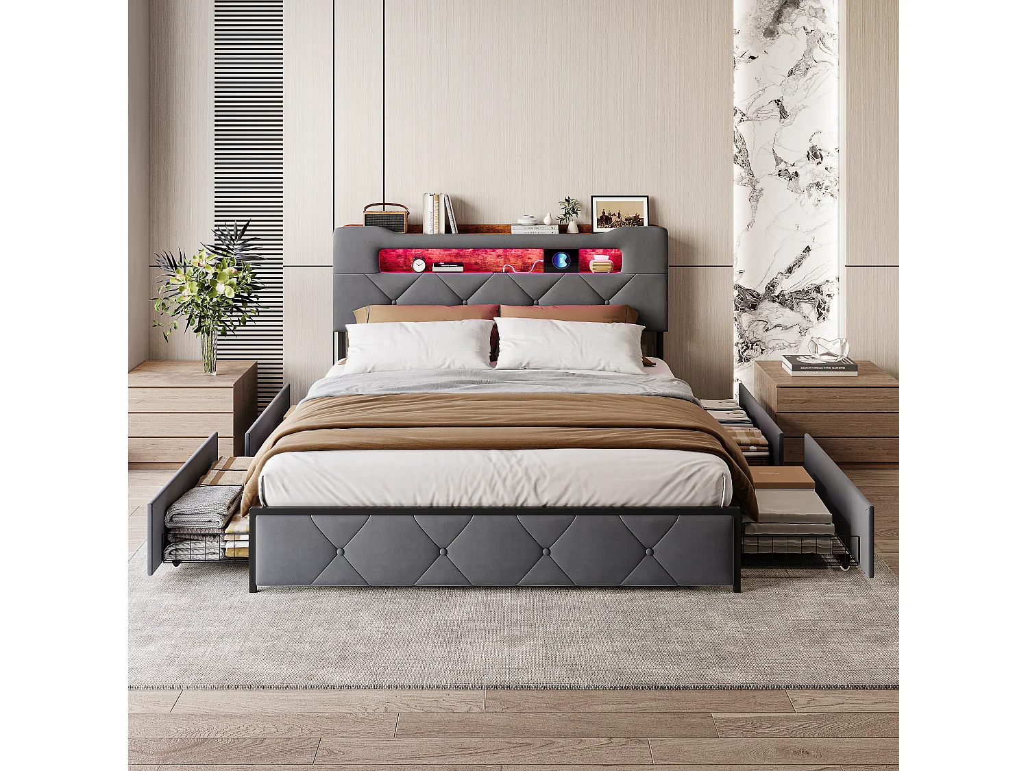 Cama de casal 160x200 com LED e USB, com prateleiras abertas e cabeceira estofada, em veludo cinza.