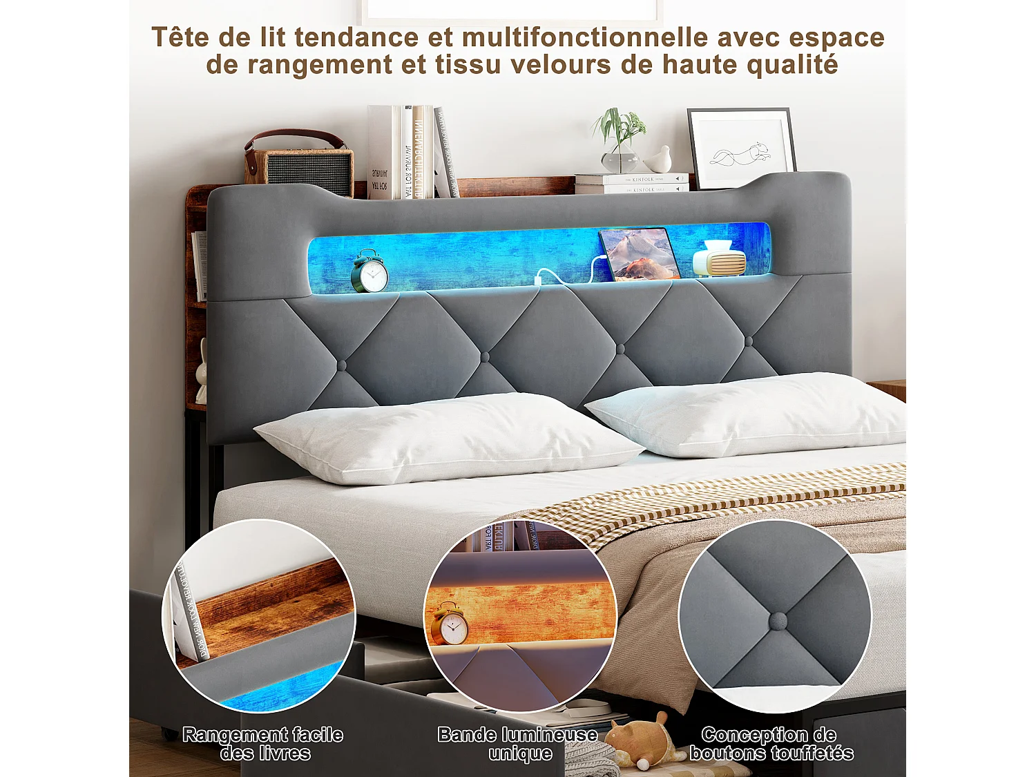 Cama de casal 160x200 com LED e USB, com prateleiras abertas e cabeceira estofada, em veludo cinza.