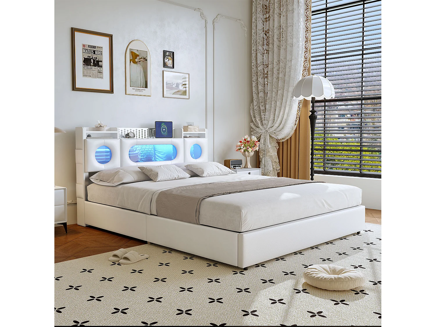 Cama de 140x200 con somier de láminas LED, cabecero con almacenaje y puerto USB, ventana acrílica, PU, color blanco