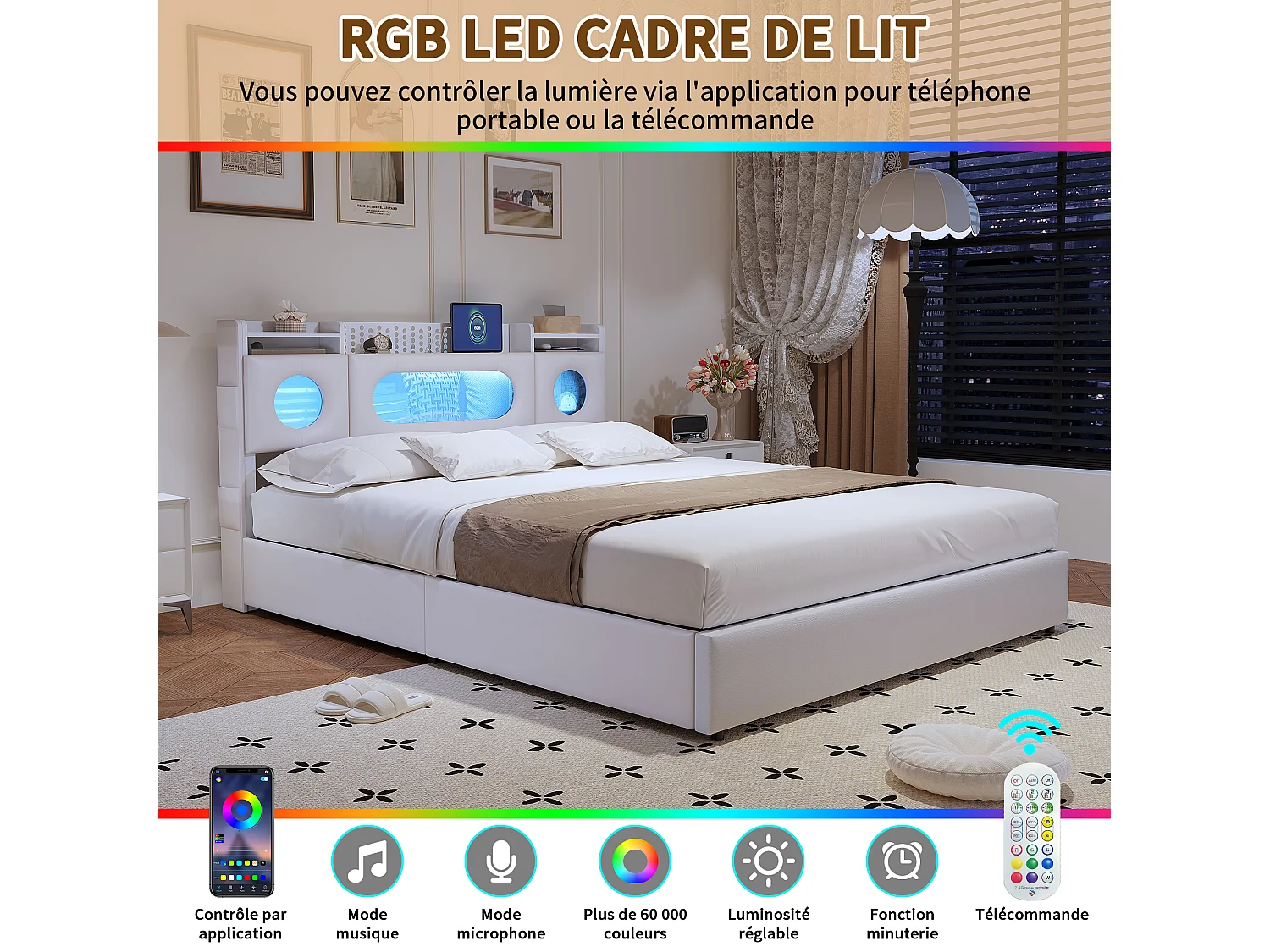 Cama de 140x200 con somier de láminas LED, cabecero con almacenaje y puerto USB, ventana acrílica, PU, color blanco