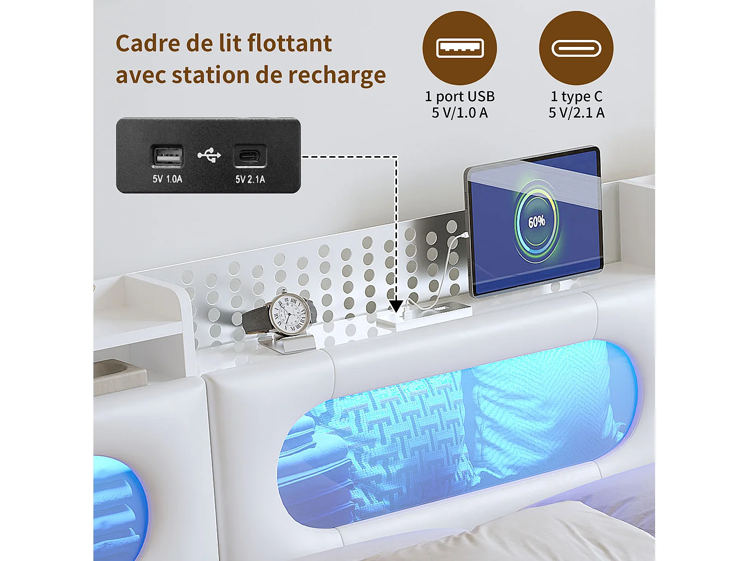 Cama de 140x200 con somier de láminas LED, cabecero con almacenaje y puerto USB, ventana acrílica, PU, color blanco