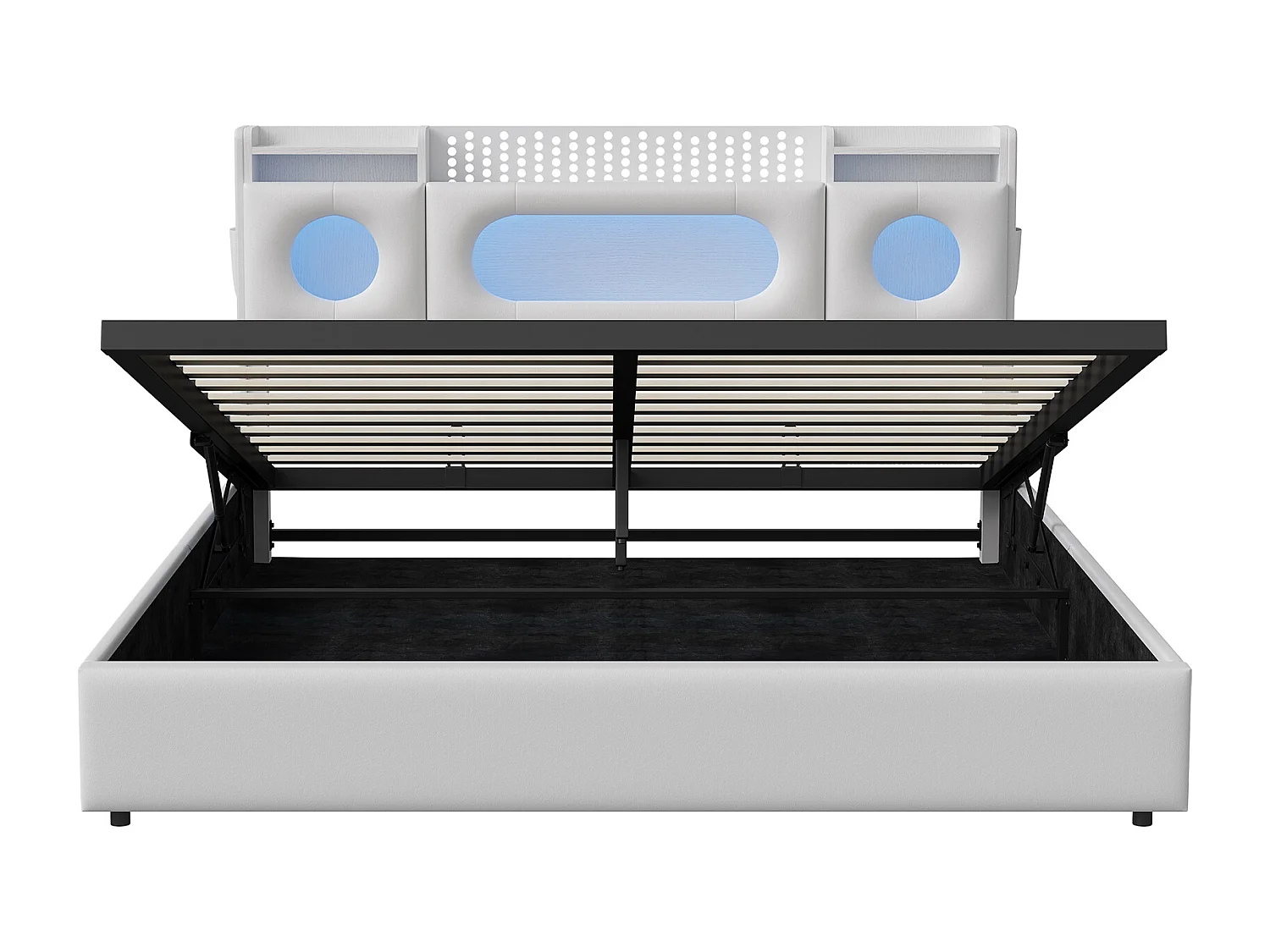 Cama de 140x200 con somier de láminas LED, cabecero con almacenaje y puerto USB, ventana acrílica, PU, color blanco