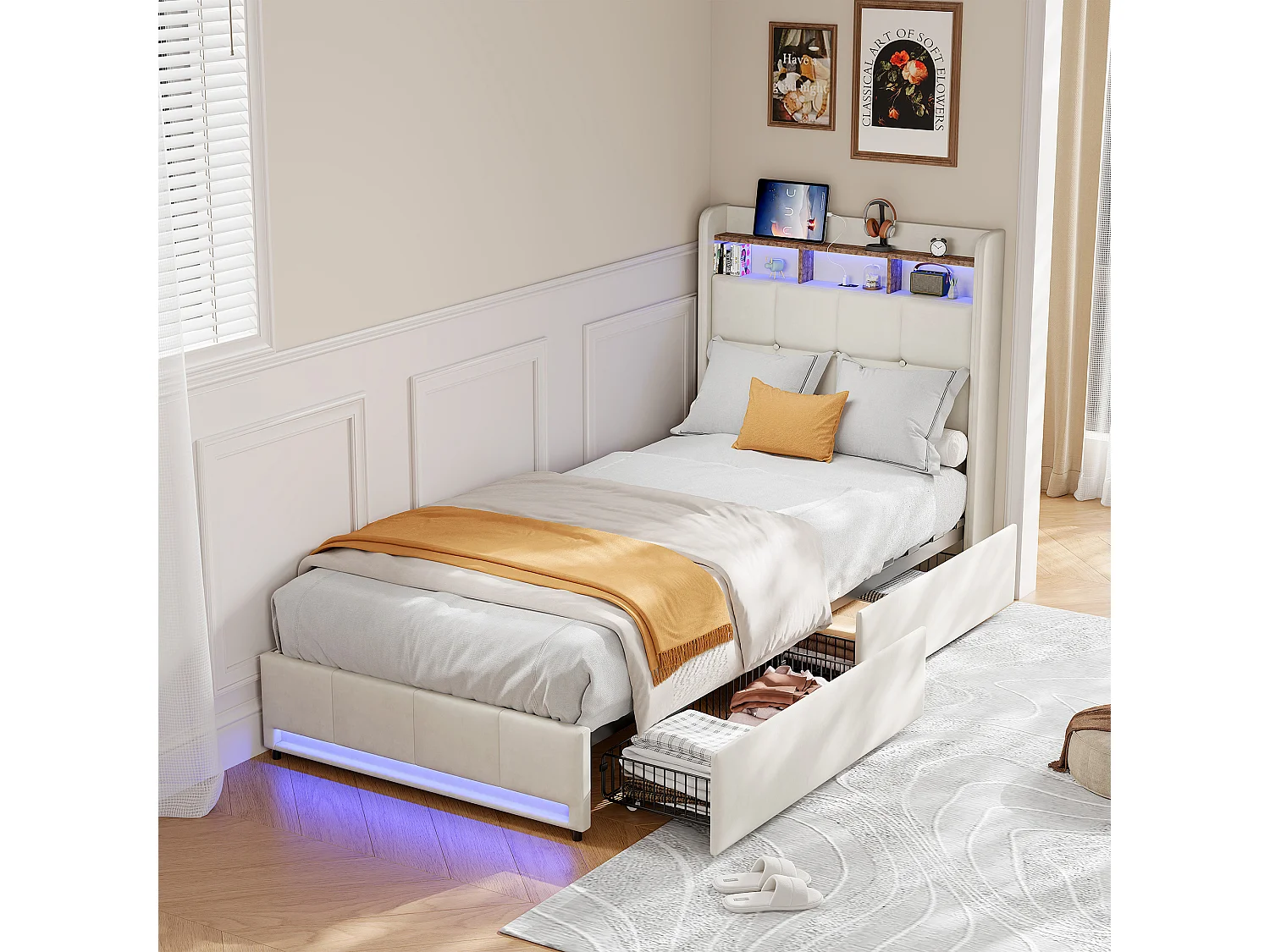Gepolstertes Bett, 90 x 200 cm, mit USB-Anschluss, Lattenrost und 2 Schubladen, mit LED-Beleuchtung, Leinen, beige