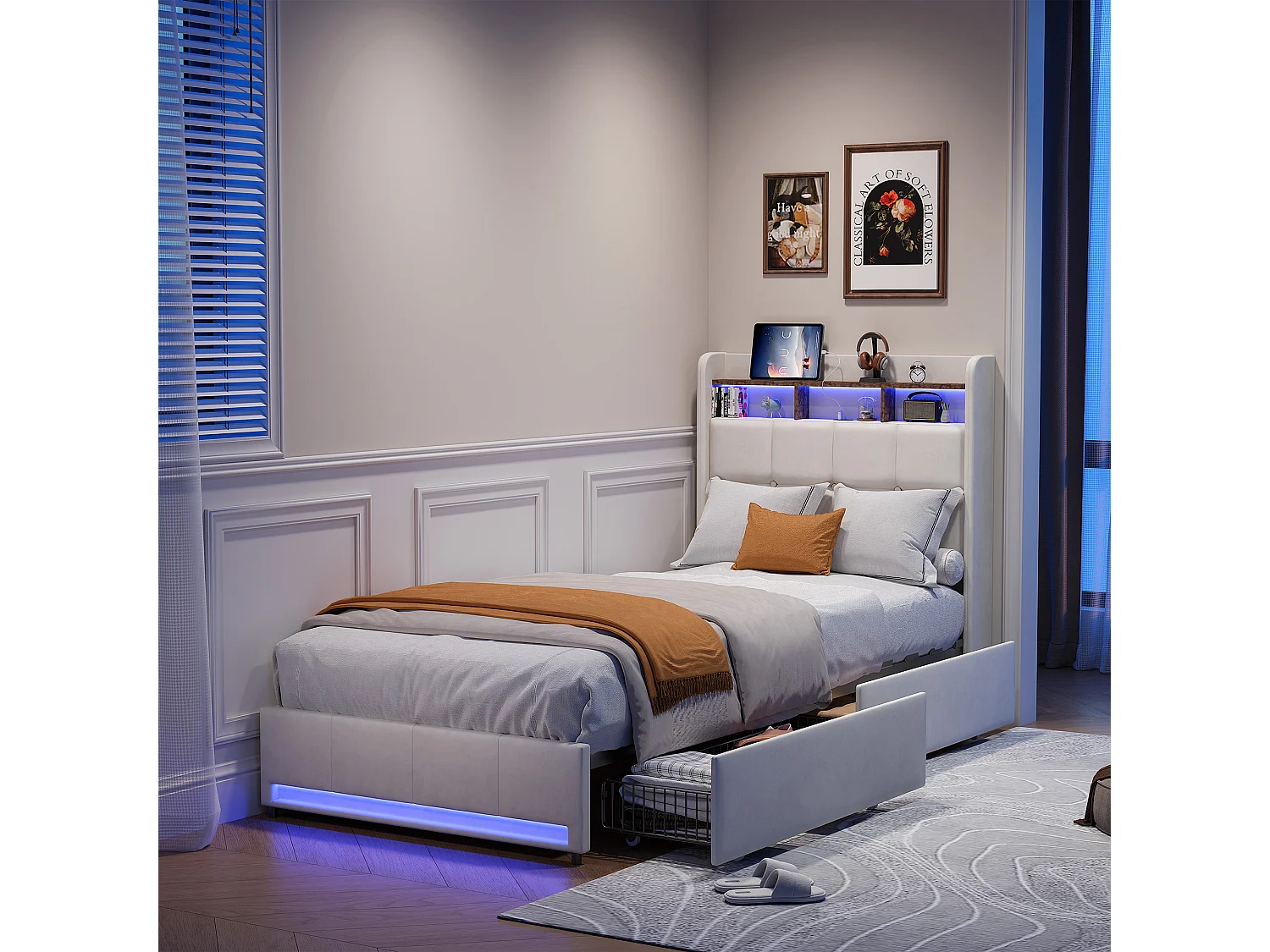 Gepolstertes Bett, 90 x 200 cm, mit USB-Anschluss, Lattenrost und 2 Schubladen, mit LED-Beleuchtung, Leinen, beige