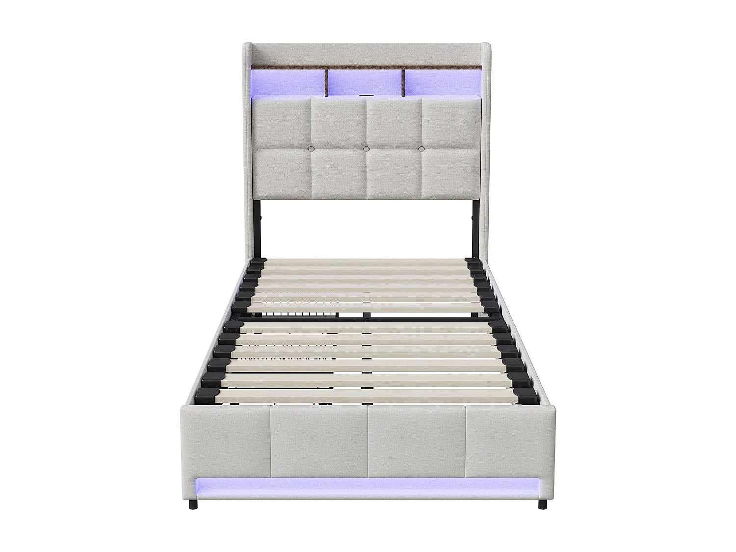Gepolstertes Bett, 90 x 200 cm, mit USB-Anschluss, Lattenrost und 2 Schubladen, mit LED-Beleuchtung, Leinen, beige