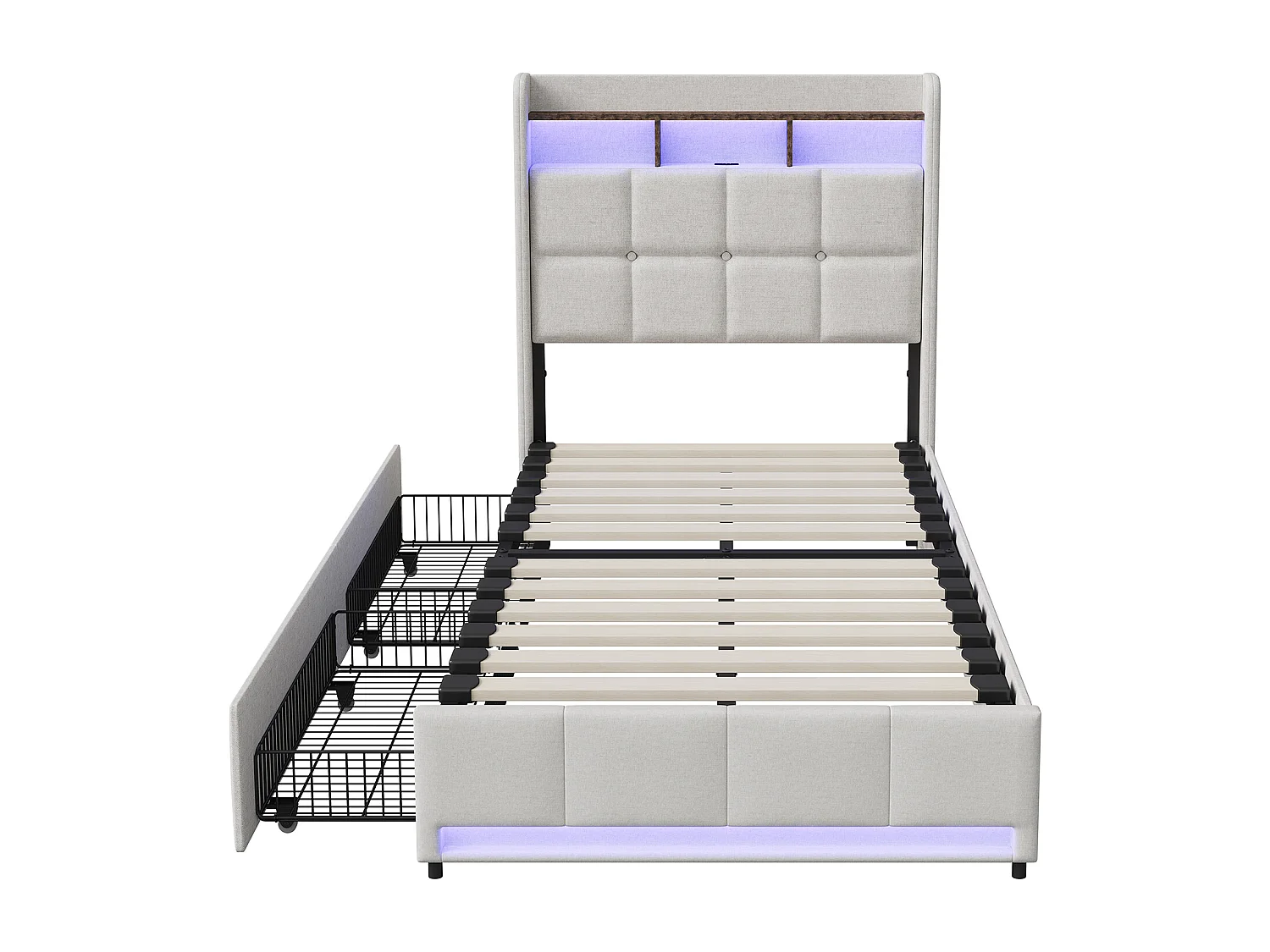 Gepolstertes Bett, 90 x 200 cm, mit USB-Anschluss, Lattenrost und 2 Schubladen, mit LED-Beleuchtung, Leinen, beige