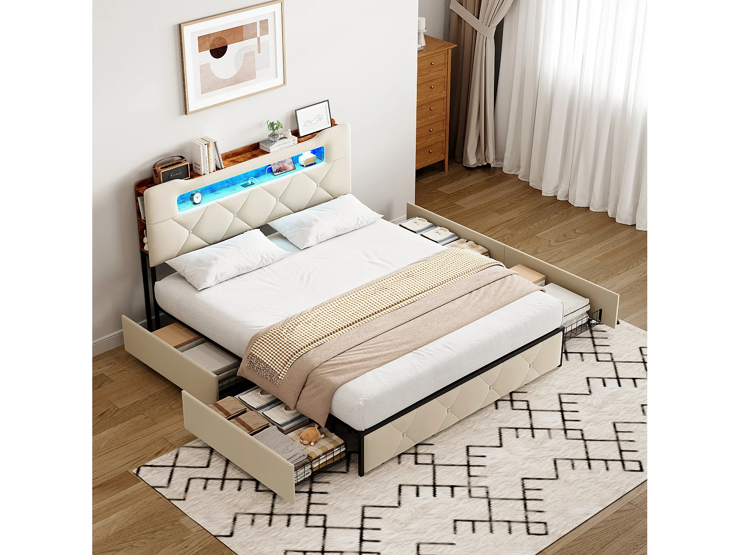 Lit double rembourré, 140 x 200 cm, avec éclairage LED, avec 4 tiroirs, avec sommier à lattes, Beige