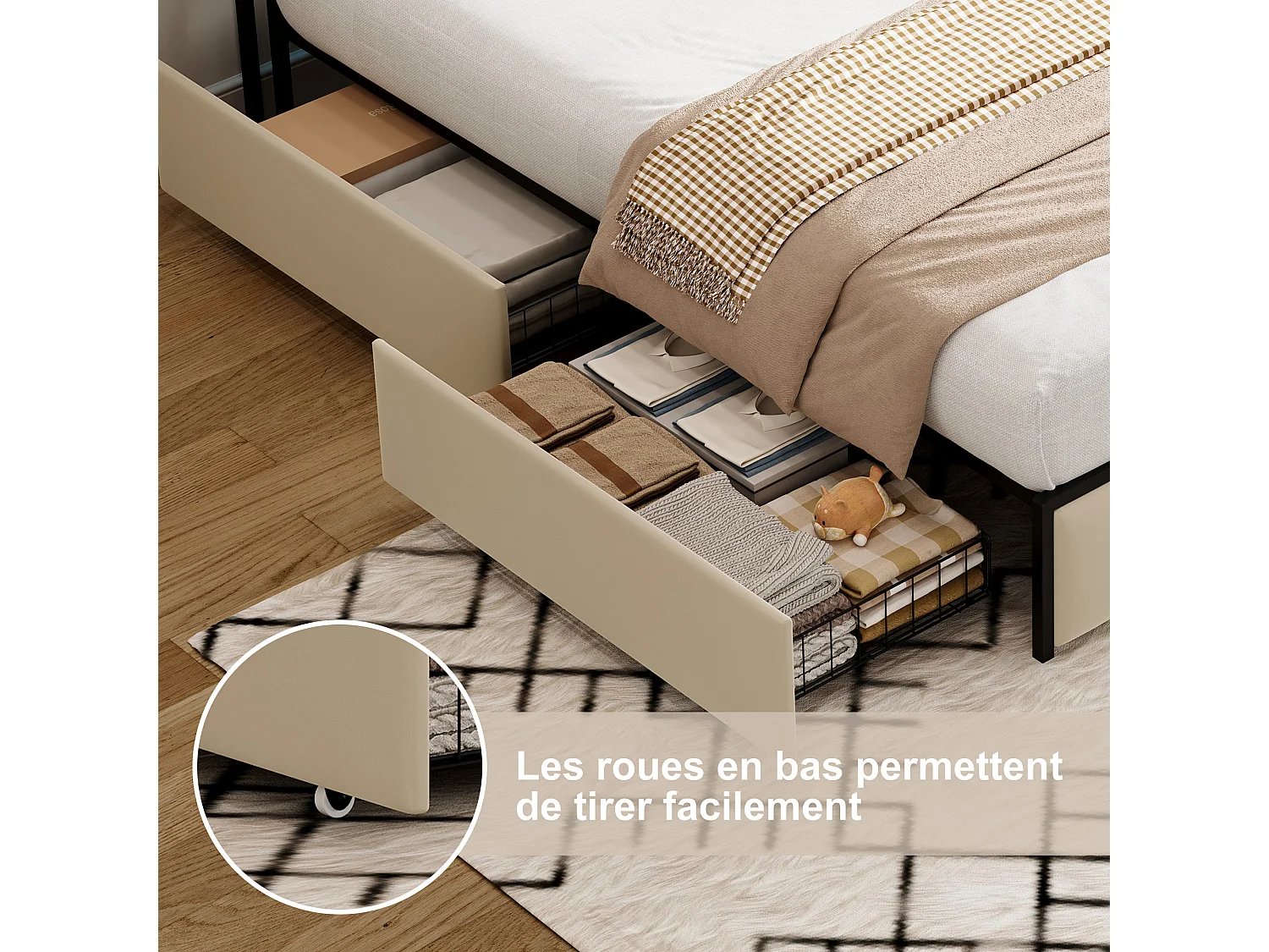 Lit double rembourré, 140 x 200 cm, avec éclairage LED, avec 4 tiroirs, avec sommier à lattes, Beige