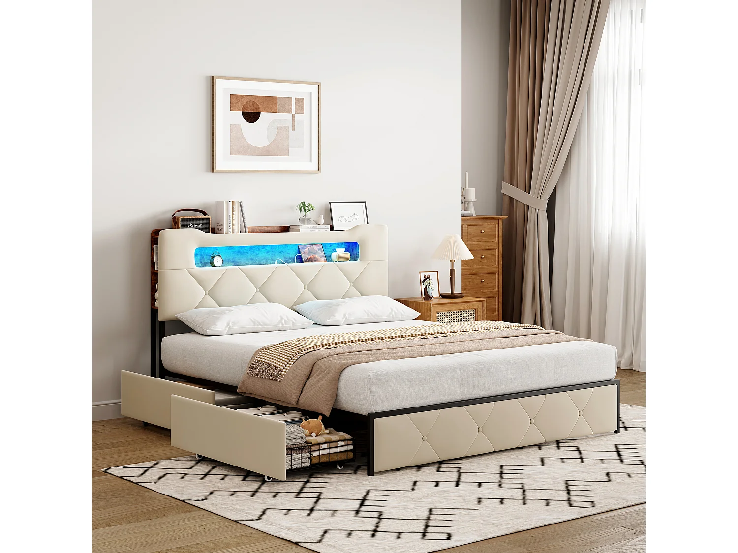 Cama de casal estofada, 140 x 200 cm, com iluminação LED, 4 gavetas e estrado de ripas, bege.