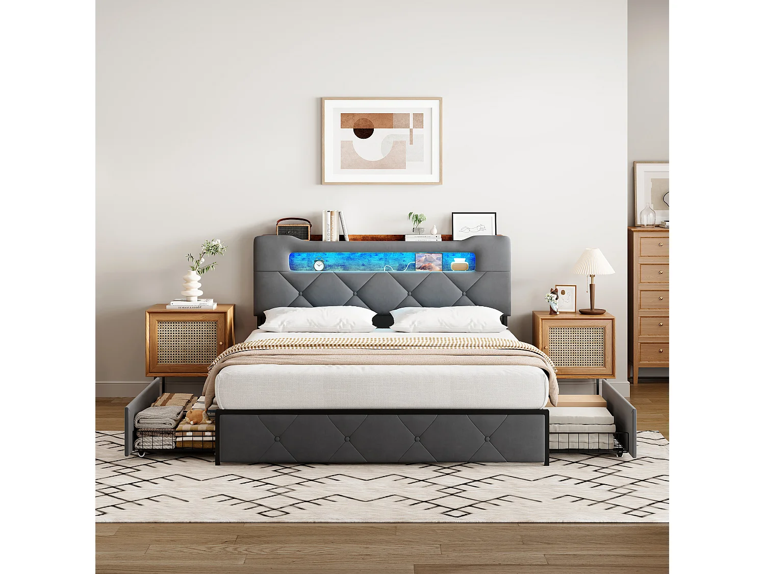 Gepolstertes Doppelbett, 140 x 200 cm, mit LED-Beleuchtung, 4 Schubladen, Lattenrost, grau