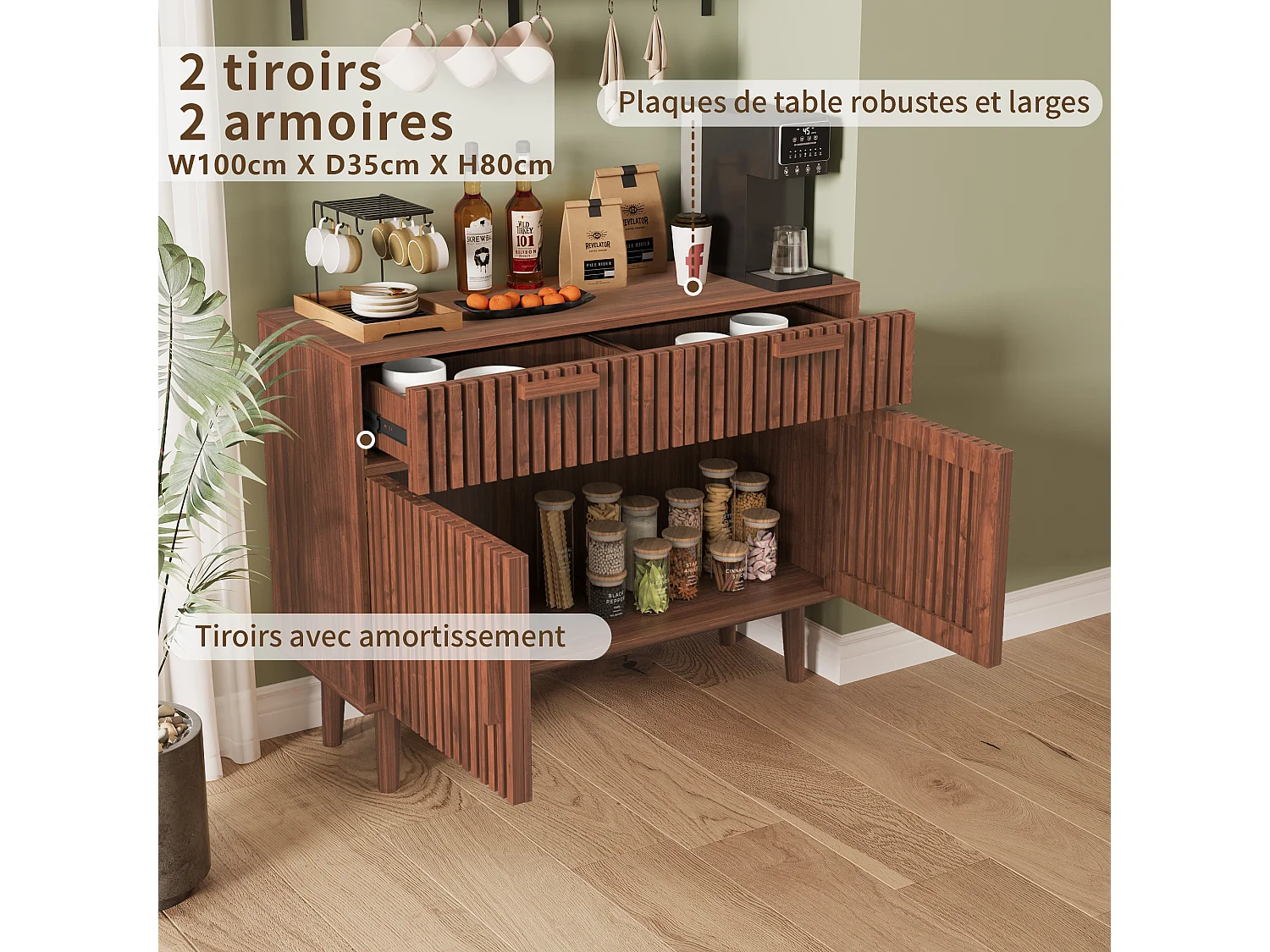 Buffet Bois avec 2 Portes et 2 Tiroirs,100x35x80 cm Buffet de Salle à Manger, pour Couloir, Salon