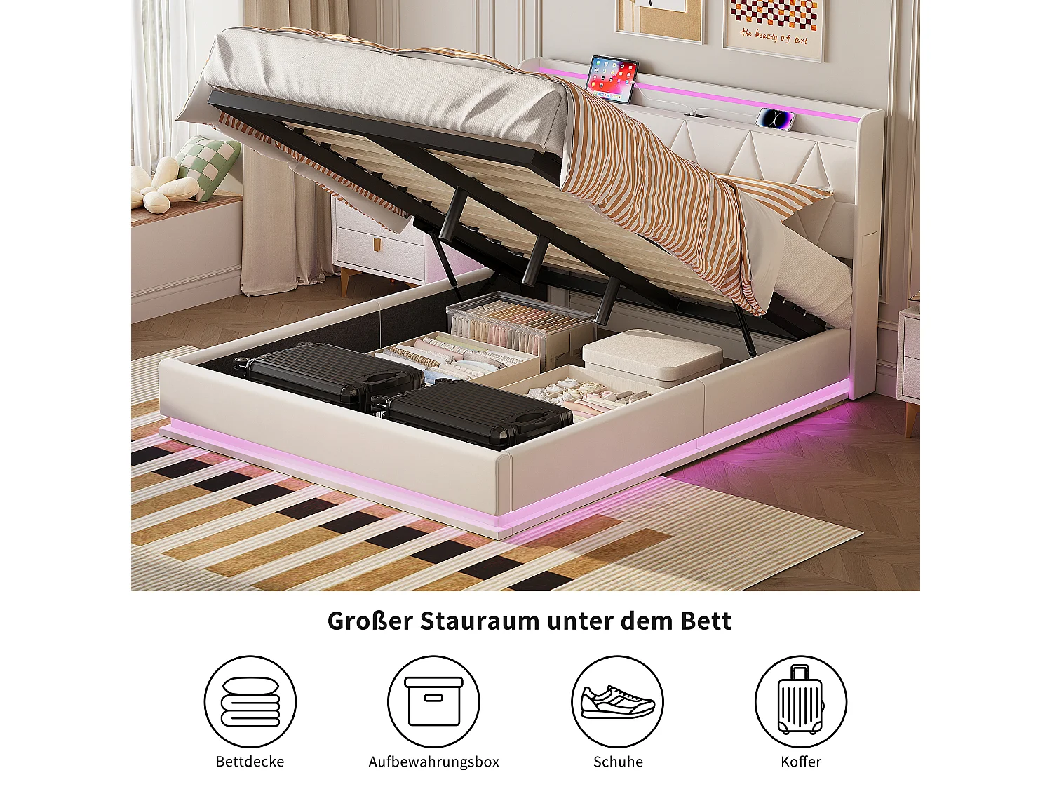 Cama de casal 140x200 com arrumação, LED e USB, estrado de ripas, veludo, branca.