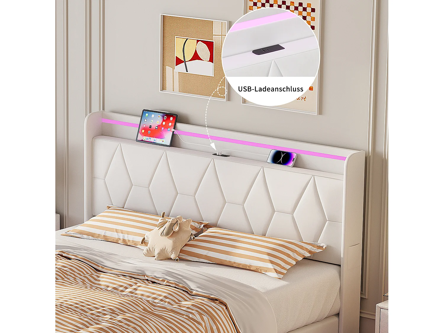 Cama de casal 140x200 com arrumação, LED e USB, estrado de ripas, veludo, branca.