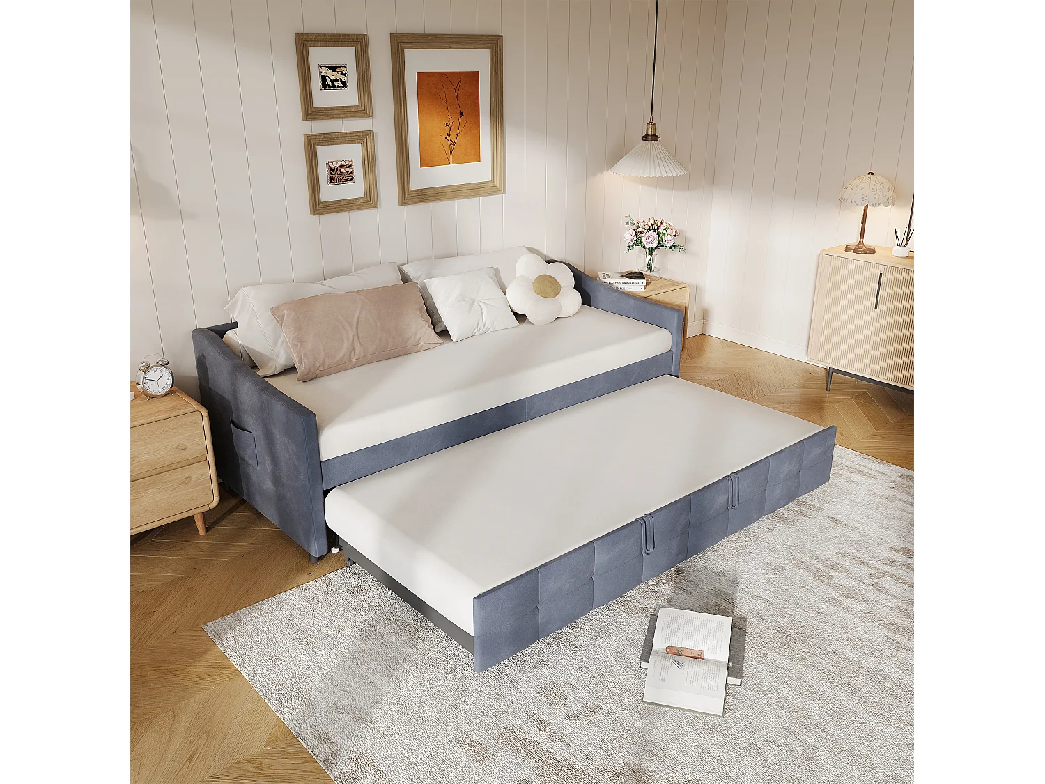 Uitneembare fluwelen slaapbank met zijvakken, moderne 2-zitsbank, grijs, 90/180 x 200 cm