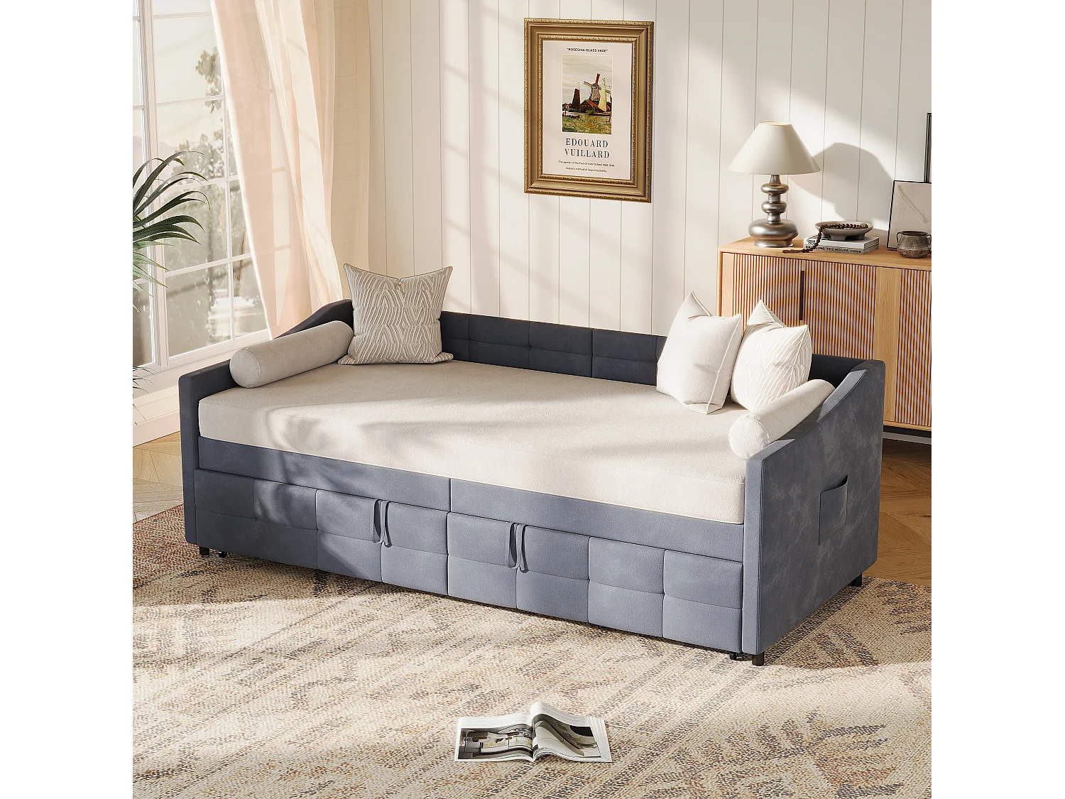 Uitneembare fluwelen slaapbank met zijvakken, moderne 2-zitsbank, grijs, 90/180 x 200 cm