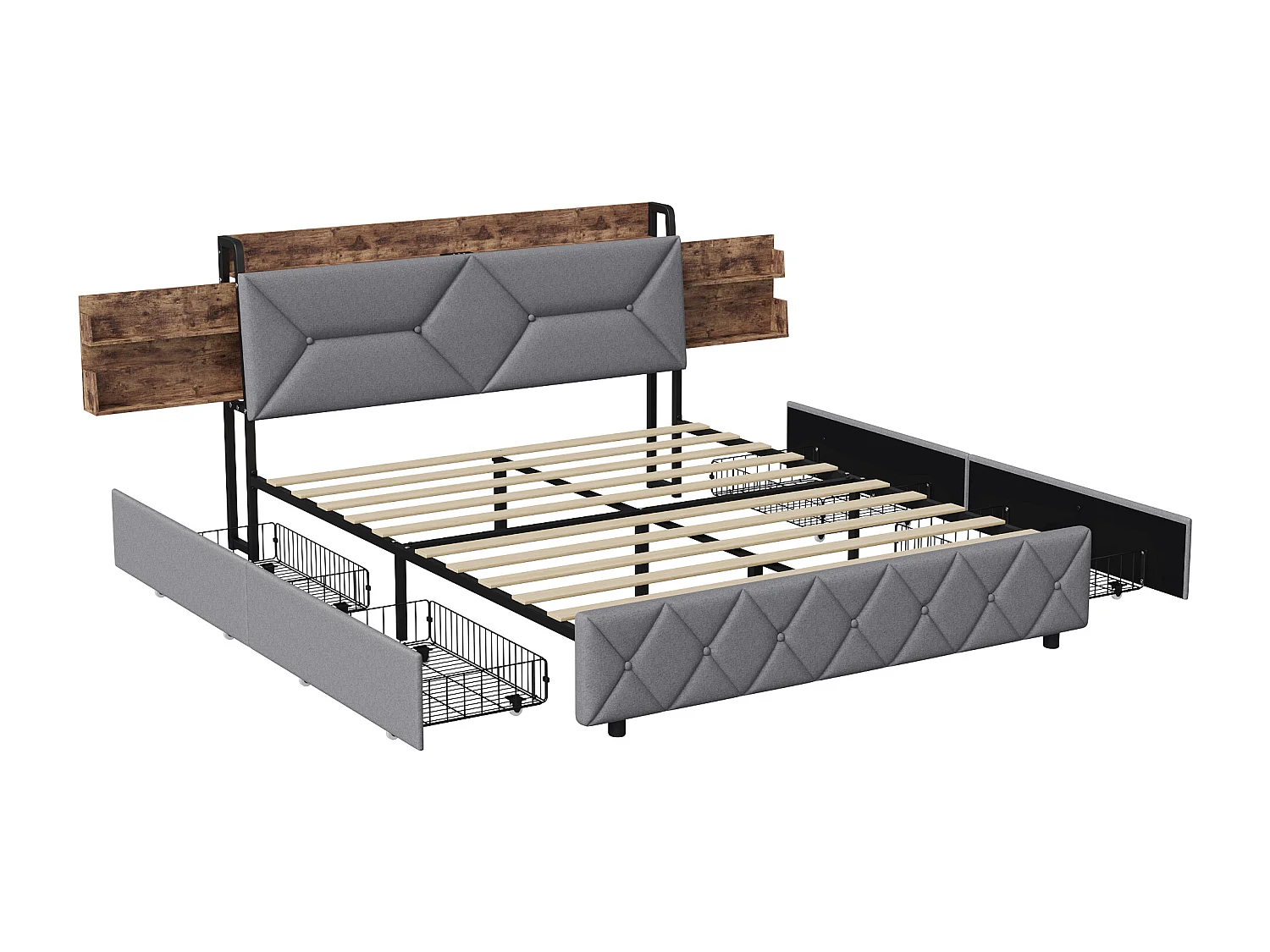 Letto matrimoniale 140 x 200 cm, con USB, 4 cassetti portaoggetti e testiera imbottita, Lino, grigio