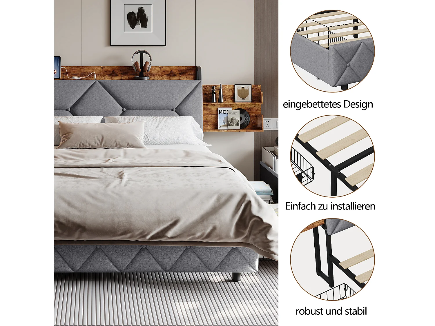 Cama de casal 140 x 200 cm, com entrada USB, 4 gavetas e cabeceira estofada, em linho, cinza.