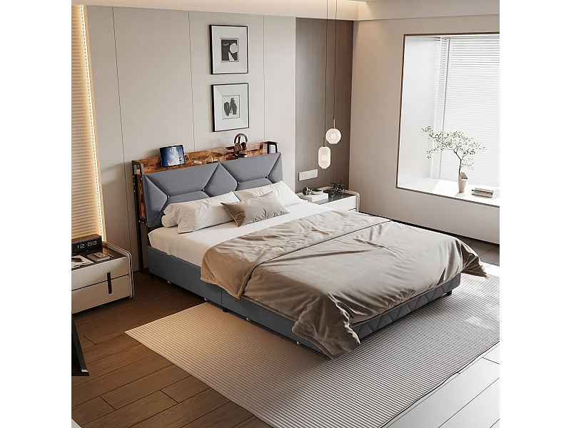 Letto matrimoniale 140 x 200 cm, con USB, 4 cassetti portaoggetti e testiera imbottita, Lino, grigio