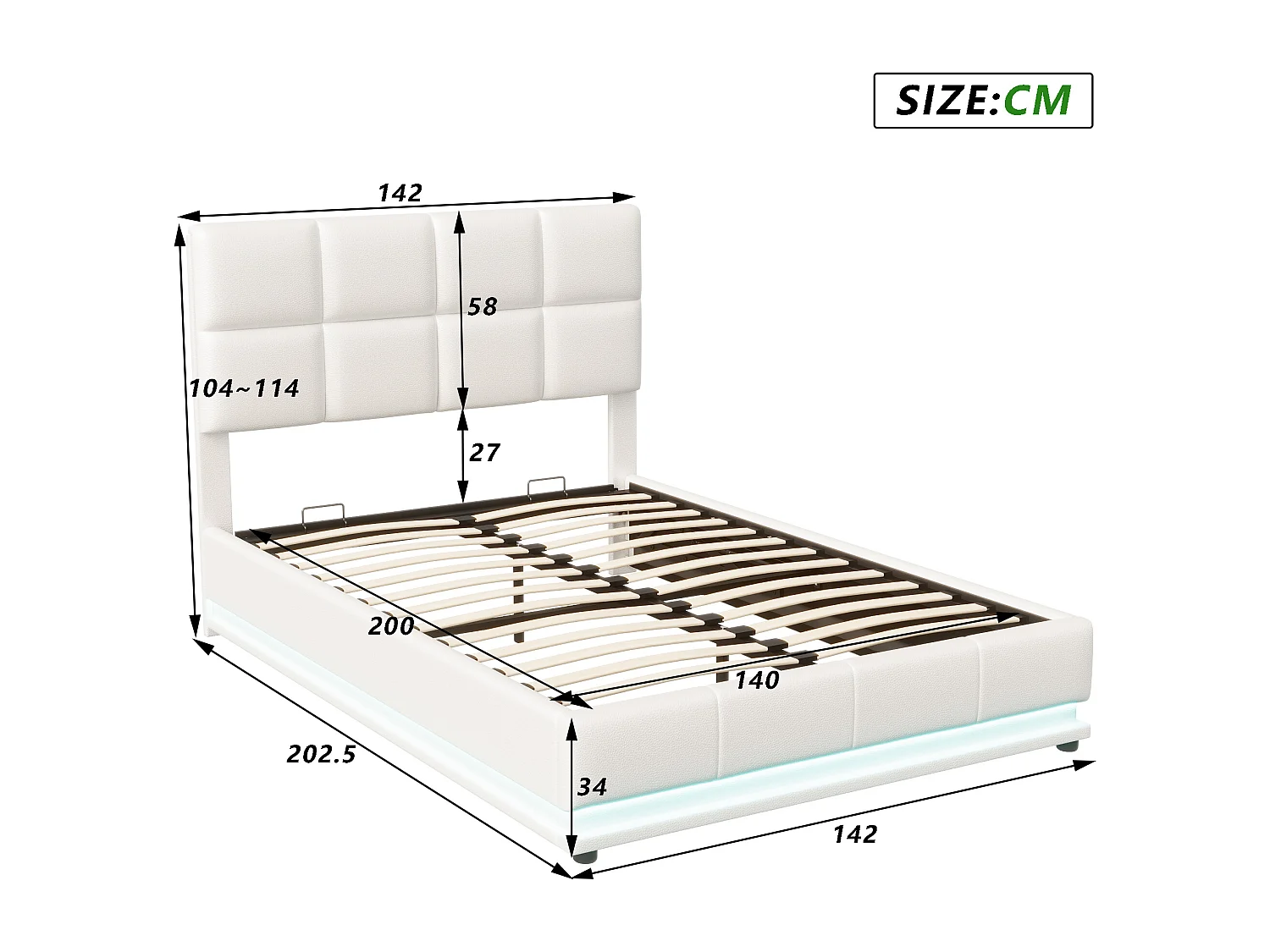 Lit 140 x 190 cm avec LED, tête relevable, sommier Lattes, Rangement, PU capitonné, Blanc