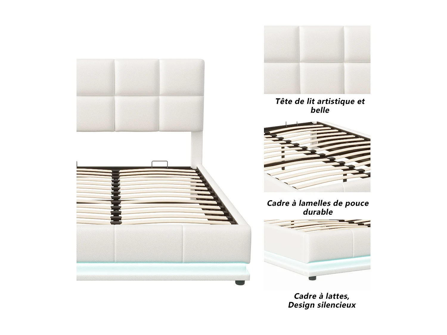 Lit 140 x 190 cm avec LED, tête relevable, sommier Lattes, Rangement, PU capitonné, Blanc