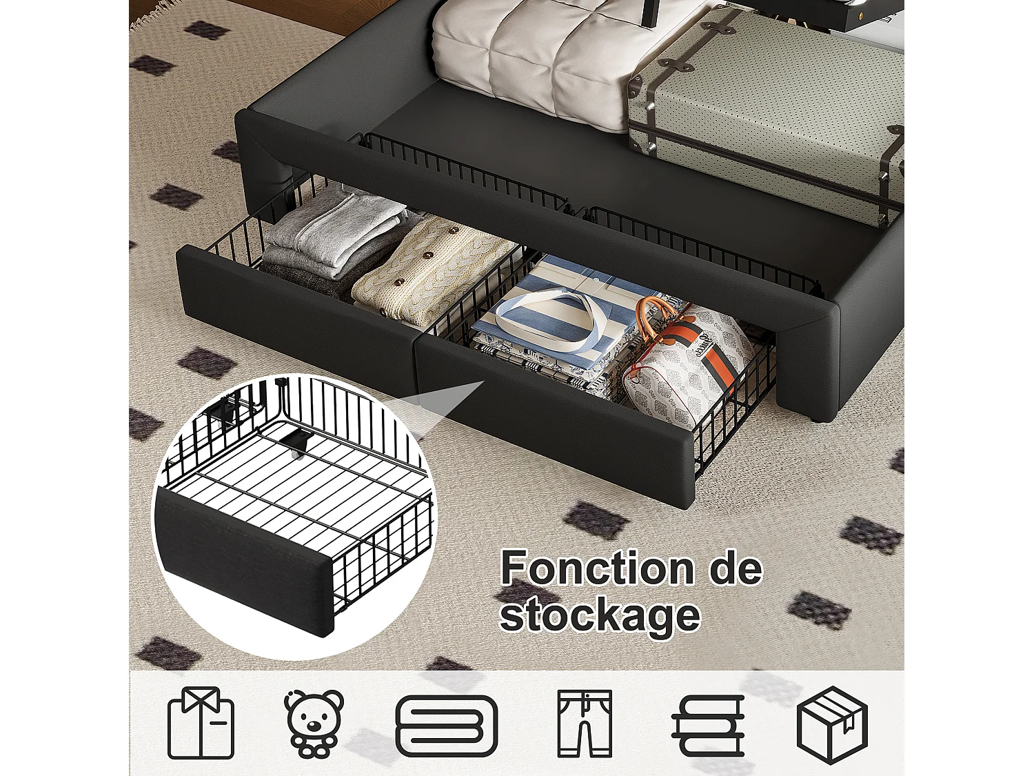 Lit Double 140 x 200 cm avec rangements, Cadre de lit LED rembourré, lit avec Port USB, Gris foncé