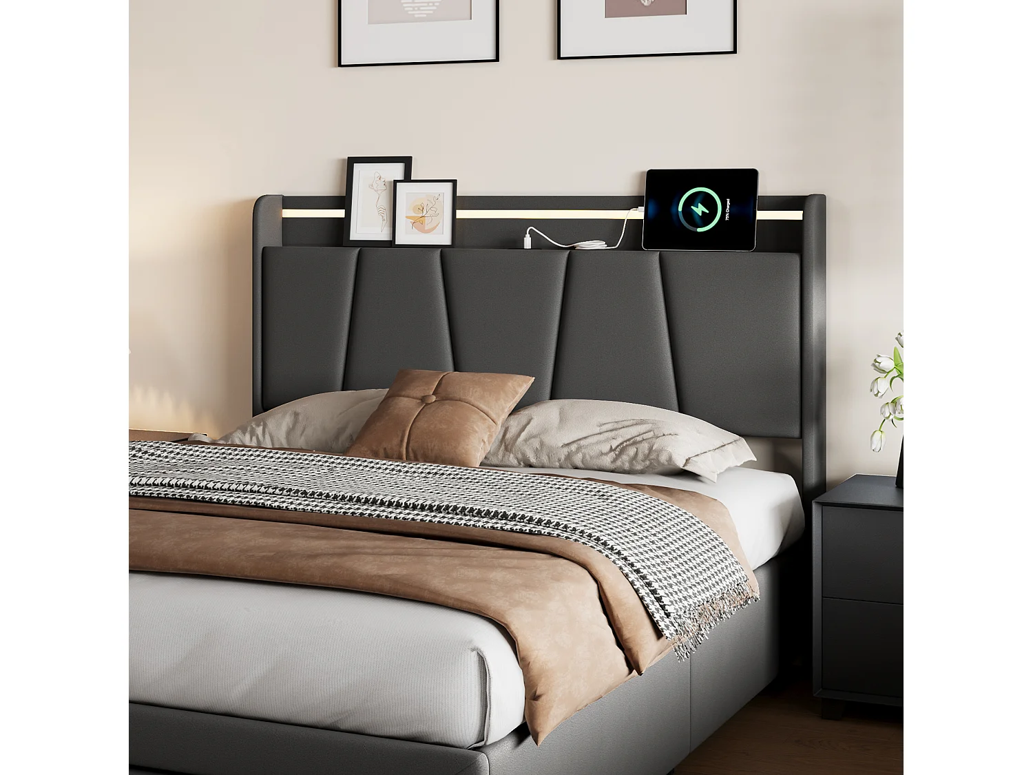 Lit Double 140 x 200 cm avec rangements, Cadre de lit LED rembourré, lit avec Port USB, Gris foncé