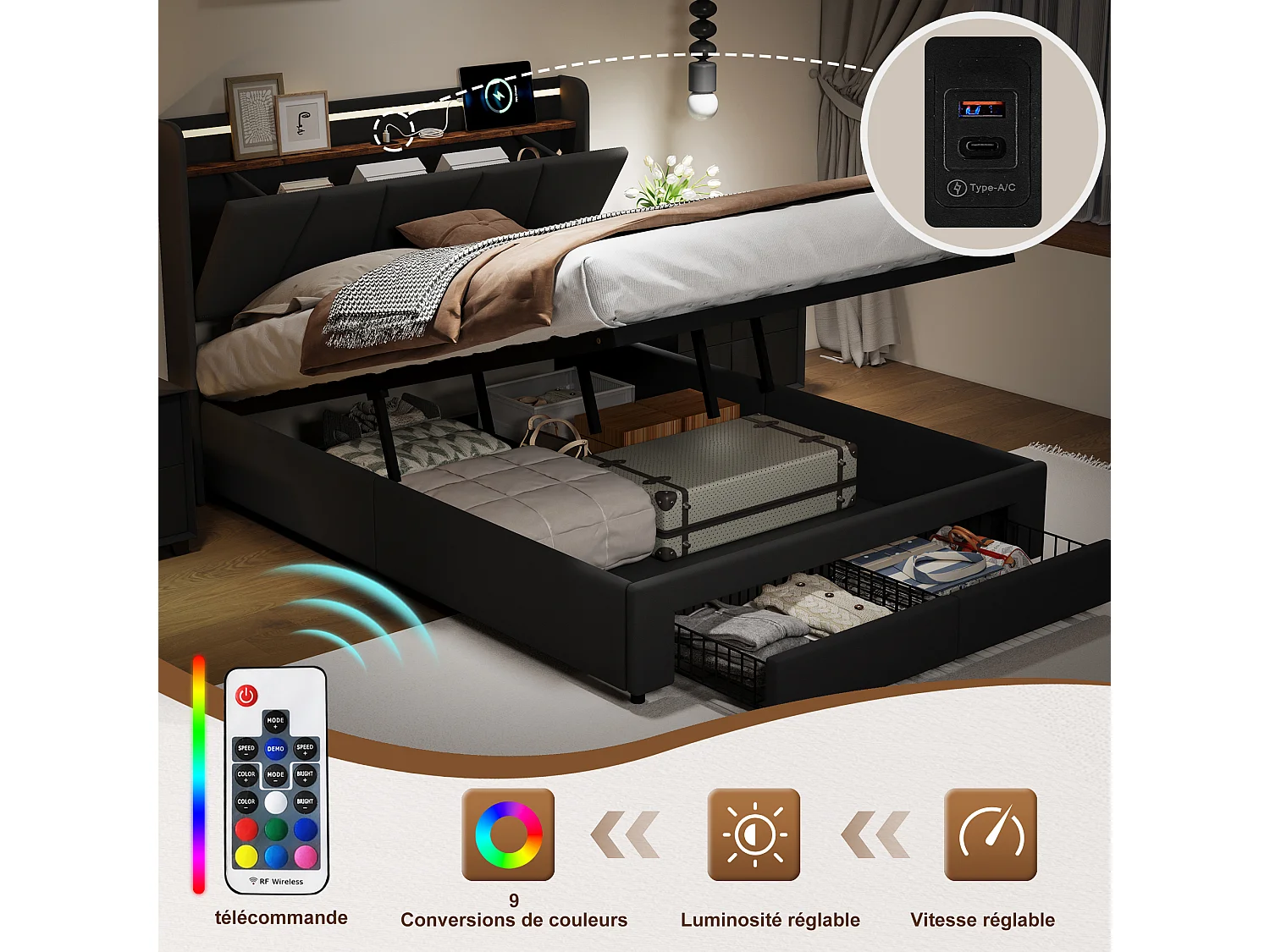 Lit Double 140 x 200 cm avec rangements, Cadre de lit LED rembourré, lit avec Port USB, Gris foncé