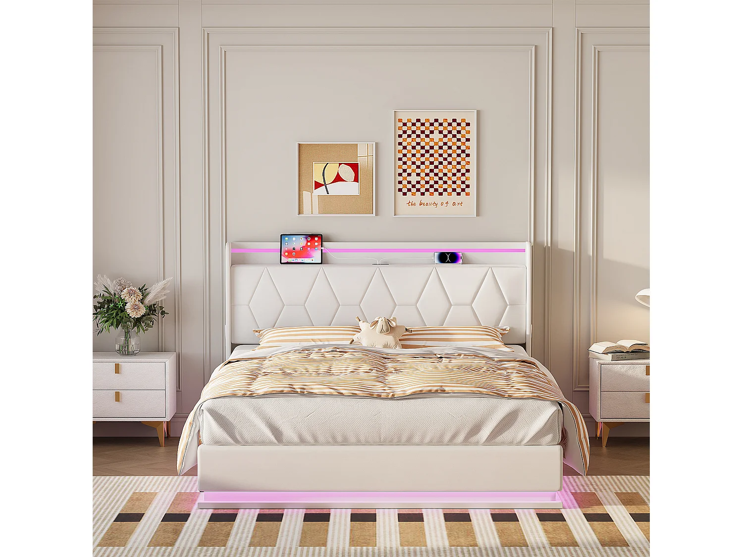 Cama de casal 160x200 com arrumação, LED e USB, estrado de ripas, veludo, branca.