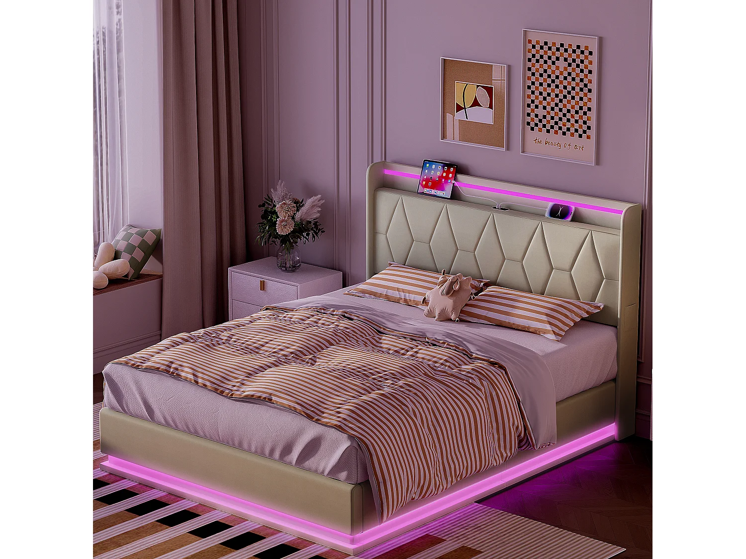 Cama de casal 160x200 com arrumação, LED e USB, estrado de ripas, veludo, branca.