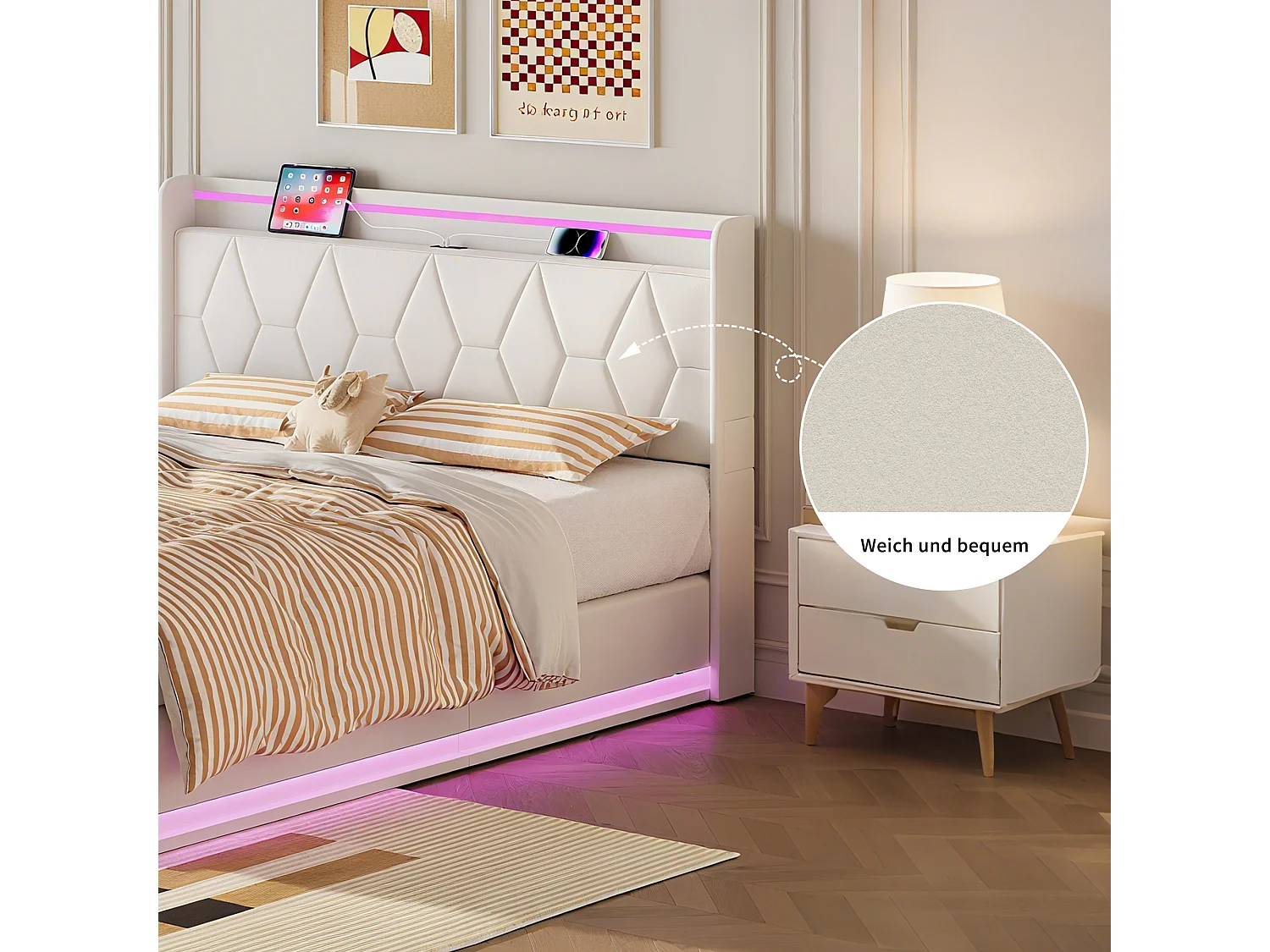 Cama de casal 160x200 com arrumação, LED e USB, estrado de ripas, veludo, branca.