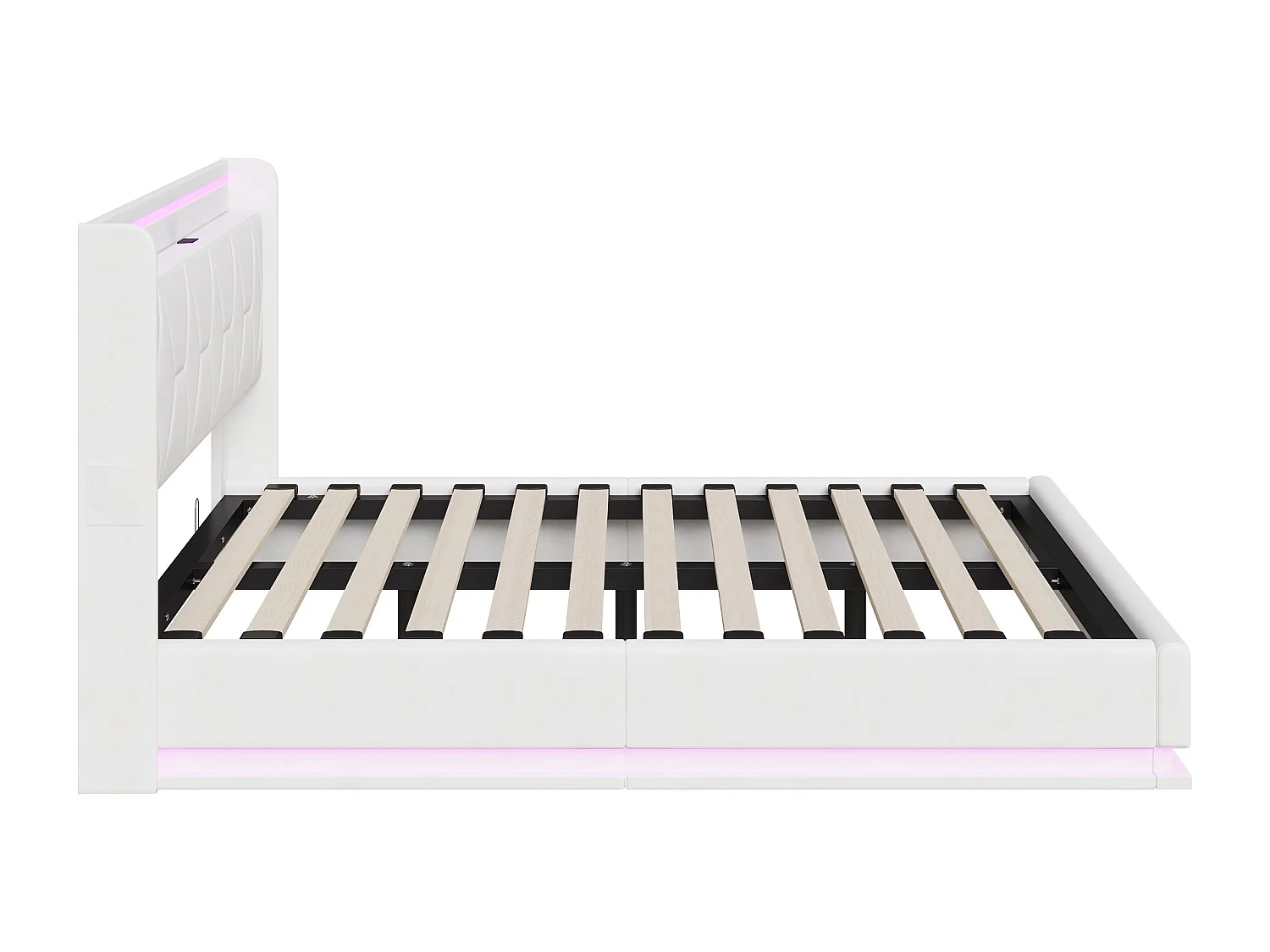 Cama de casal 160x200 com arrumação, LED e USB, estrado de ripas, veludo, branca.