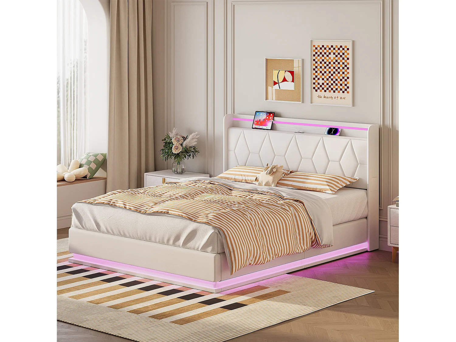 Cama de casal 160x200 com arrumação, LED e USB, estrado de ripas, veludo, branca.