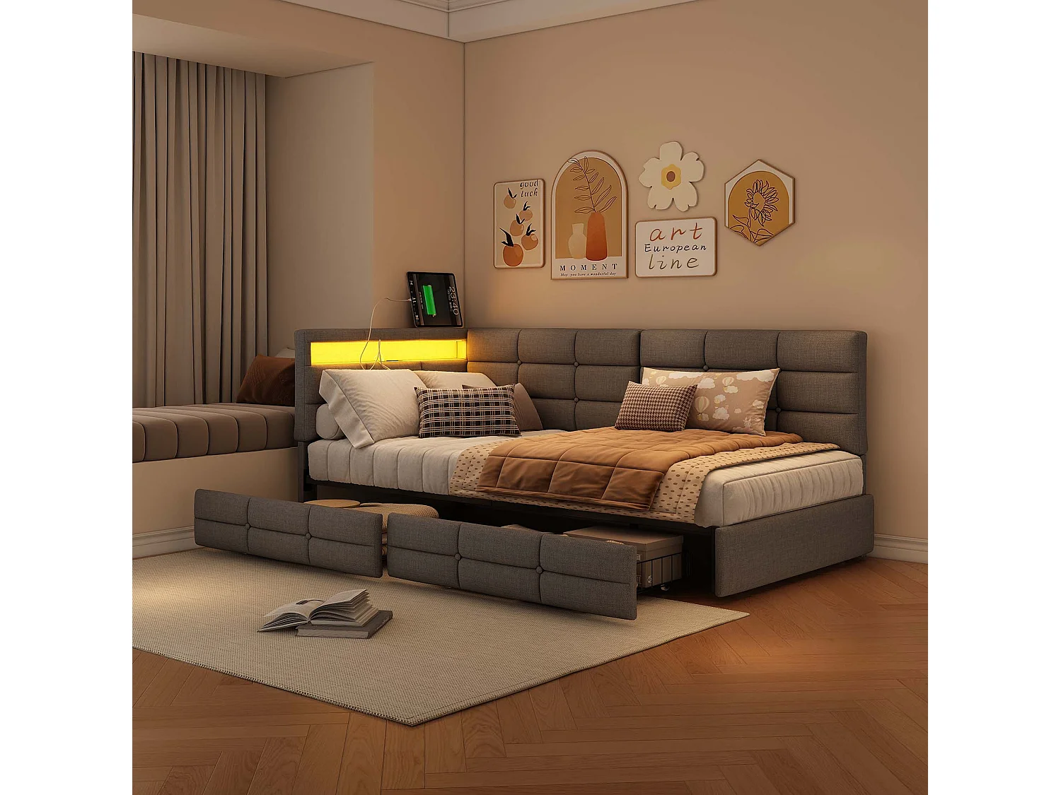 Lit Coffre 90x200 cm avec tiroirs de Rangement, avec LED et USB, avec sommier à Lattes, Lin, Gris