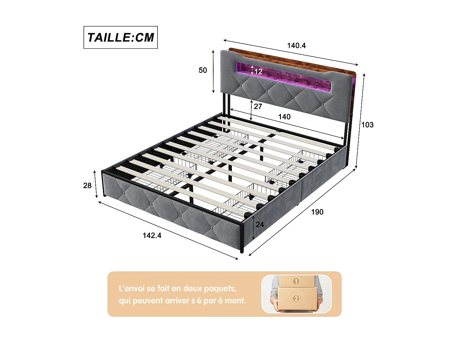 Lit double rembourré, 140 x 190 cm, avec éclairage LED, avec 4 tiroirs, avec sommier à lattes, gris