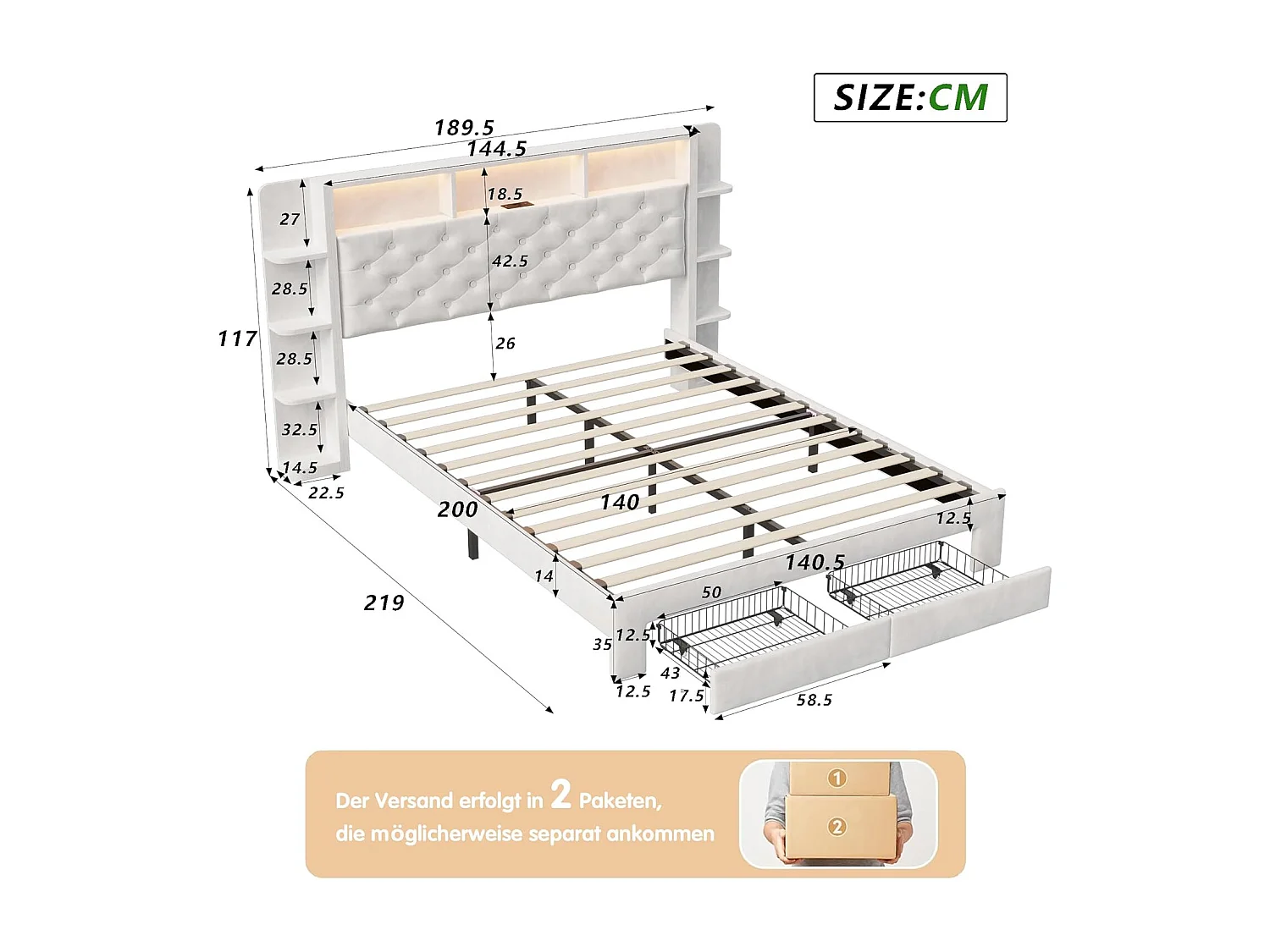 Bed van 140x200 cm met 2 lades, gestoffeerd bed met verstelbare ledverlichting, USB-poort, opbergruimte, fluweel, wit