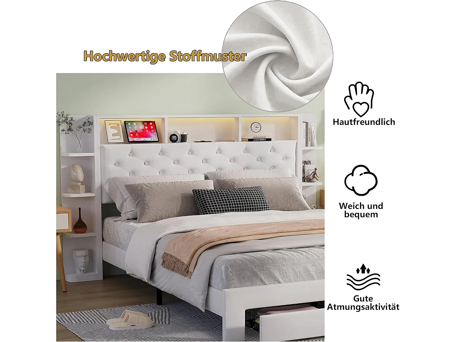 Bed van 140x200 cm met 2 lades, gestoffeerd bed met verstelbare ledverlichting, USB-poort, opbergruimte, fluweel, wit