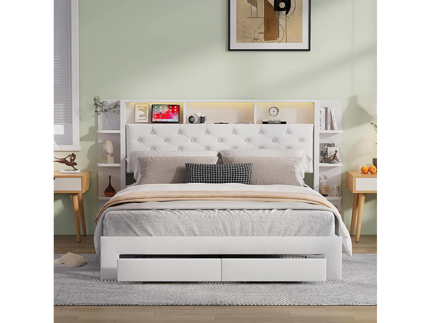 Lit 140x200 cm avec 2 Tiroirs, Lit Capitonné avec LED Réglable, USB, Rangement, Velours, Blanc