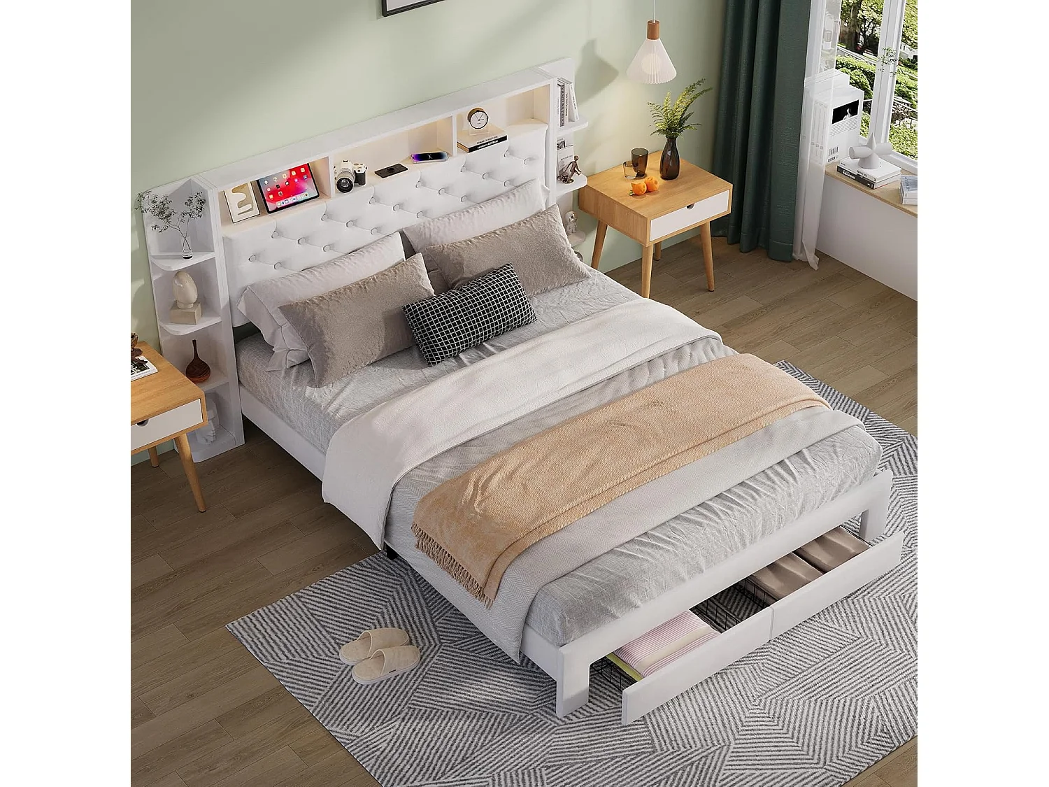 Lit 140x200 cm avec 2 Tiroirs, Lit Capitonné avec LED Réglable, USB, Rangement, Velours, Blanc