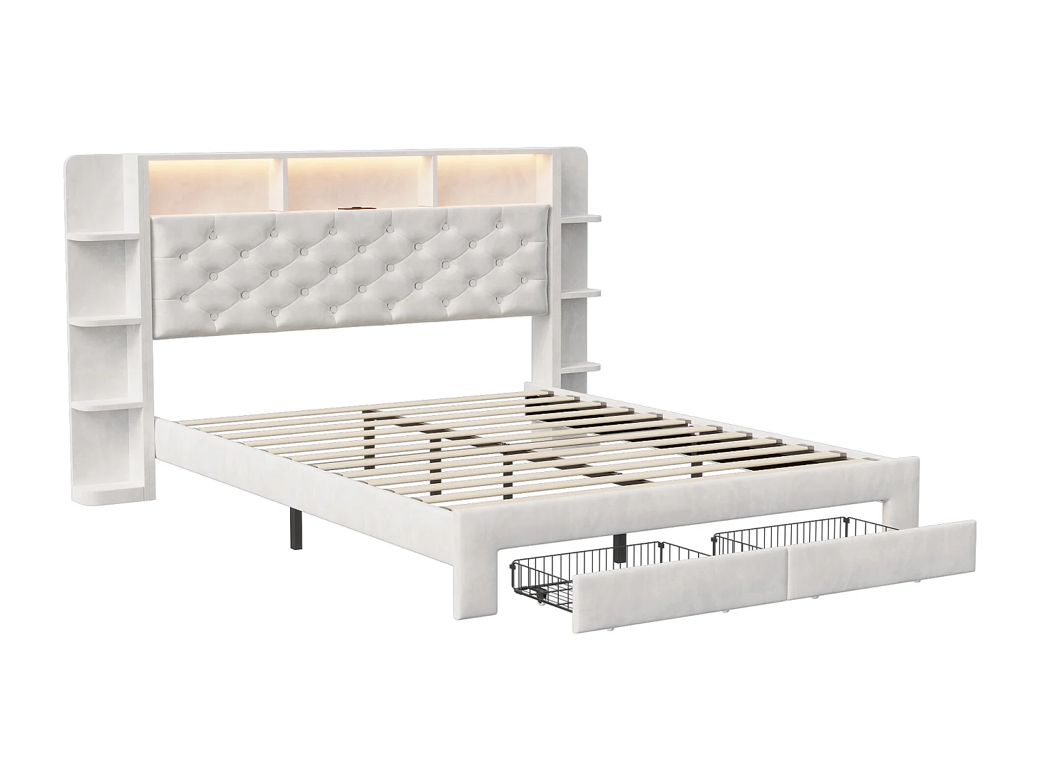 Lit 140x200 cm avec 2 Tiroirs, Lit Capitonné avec LED Réglable, USB, Rangement, Velours, Blanc