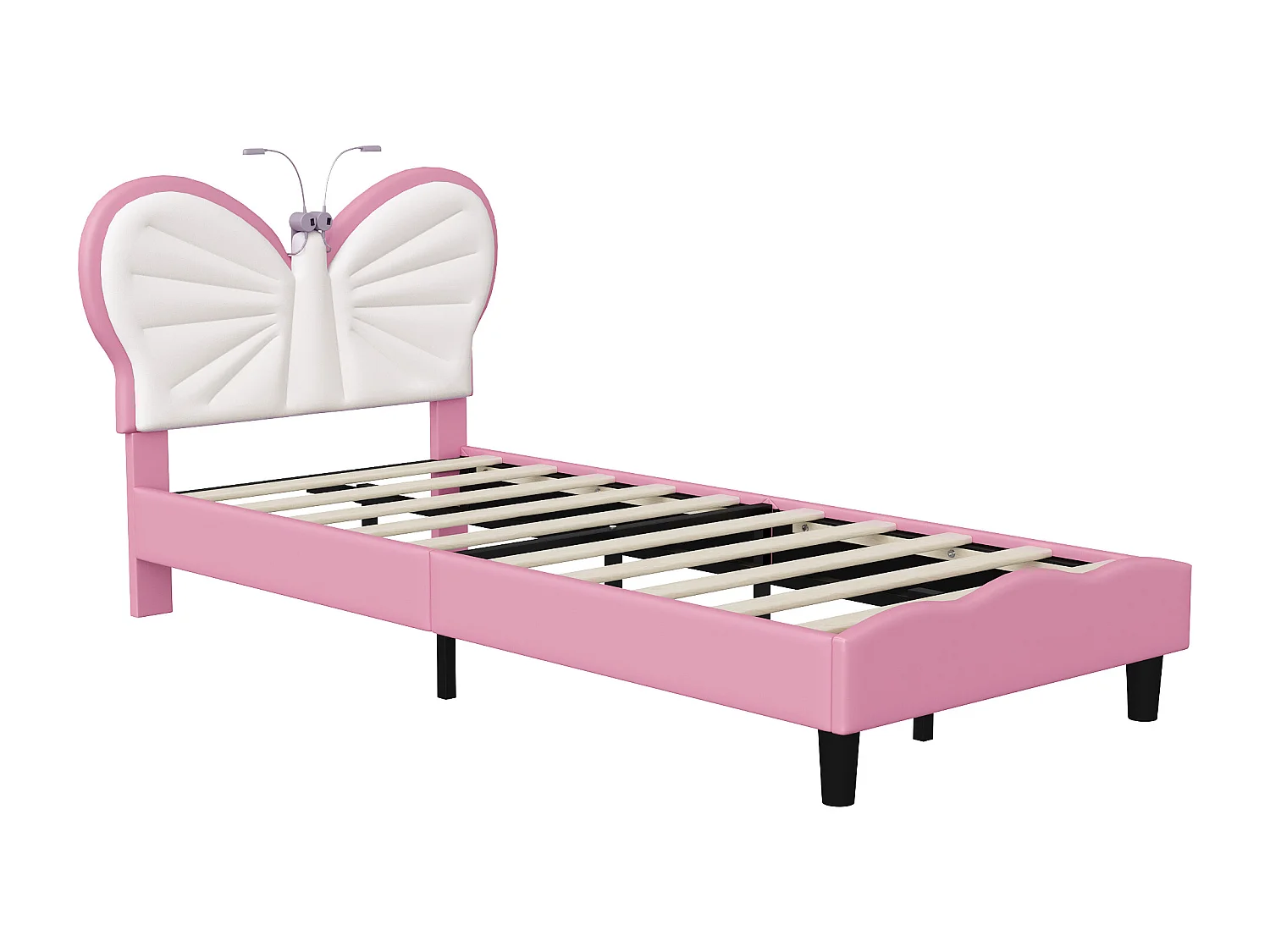 Cama de menina 90x200 cm, com candeeiro de leitura, base ripada, veludo, rosa