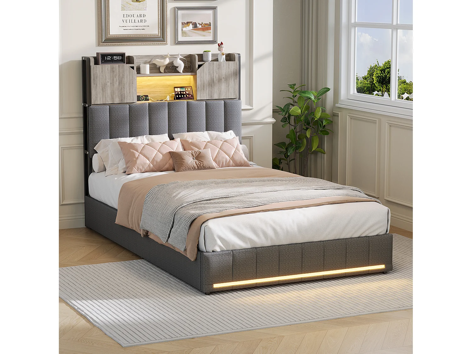 90 x 200 cm großes Bett mit Schubladen, gepolstertes Einzelbett mit Lattenrost, LED-Beleuchtung und USB-Anschluss, Leinen, Grau