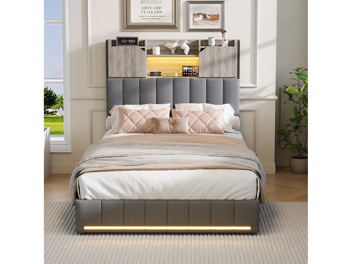 90 x 200 cm großes Bett mit Schubladen, gepolstertes Einzelbett mit Lattenrost, LED-Beleuchtung und USB-Anschluss, Leinen, Grau