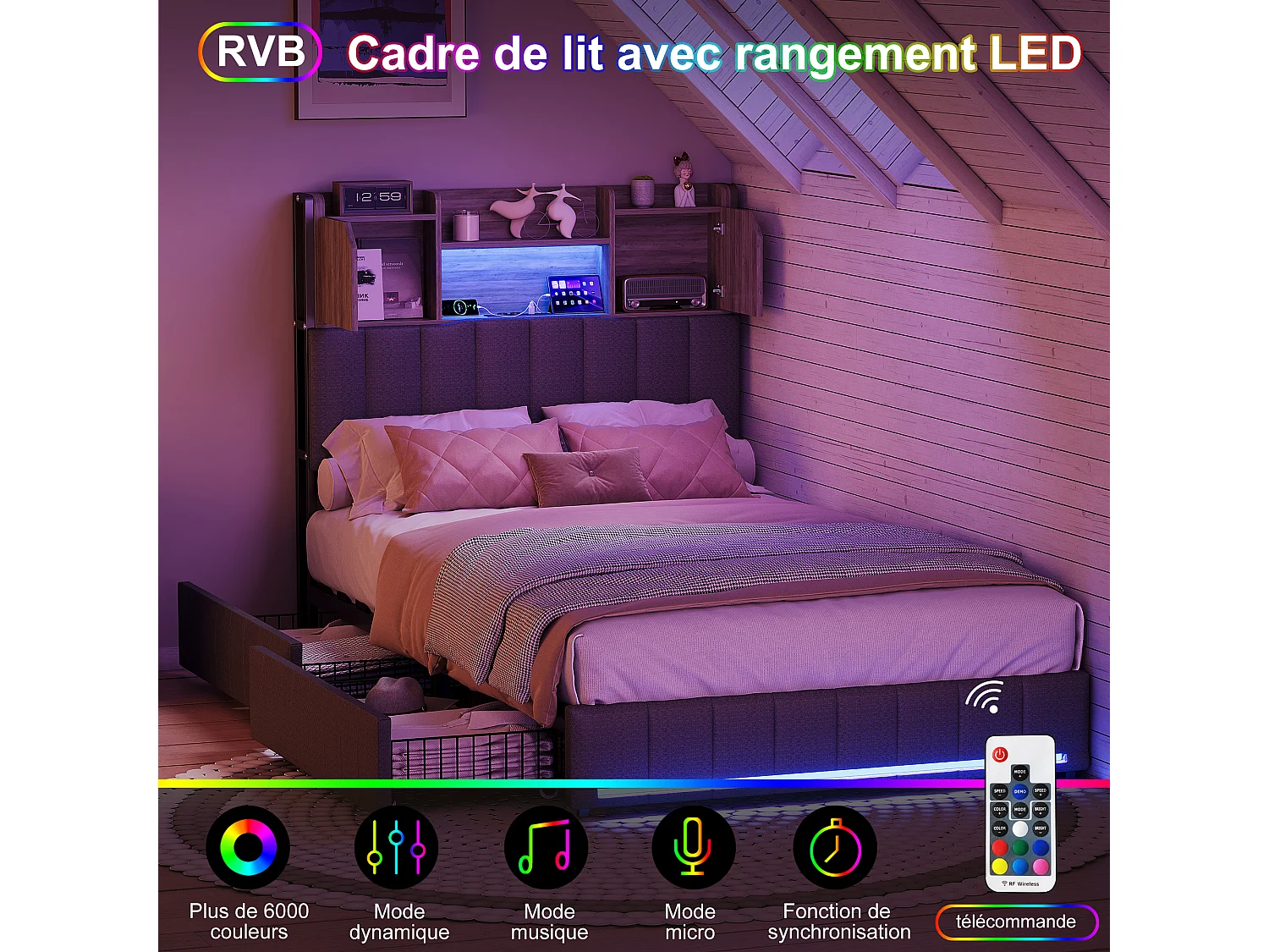 90 x 200 cm großes Bett mit Schubladen, gepolstertes Einzelbett mit Lattenrost, LED-Beleuchtung und USB-Anschluss, Leinen, Grau