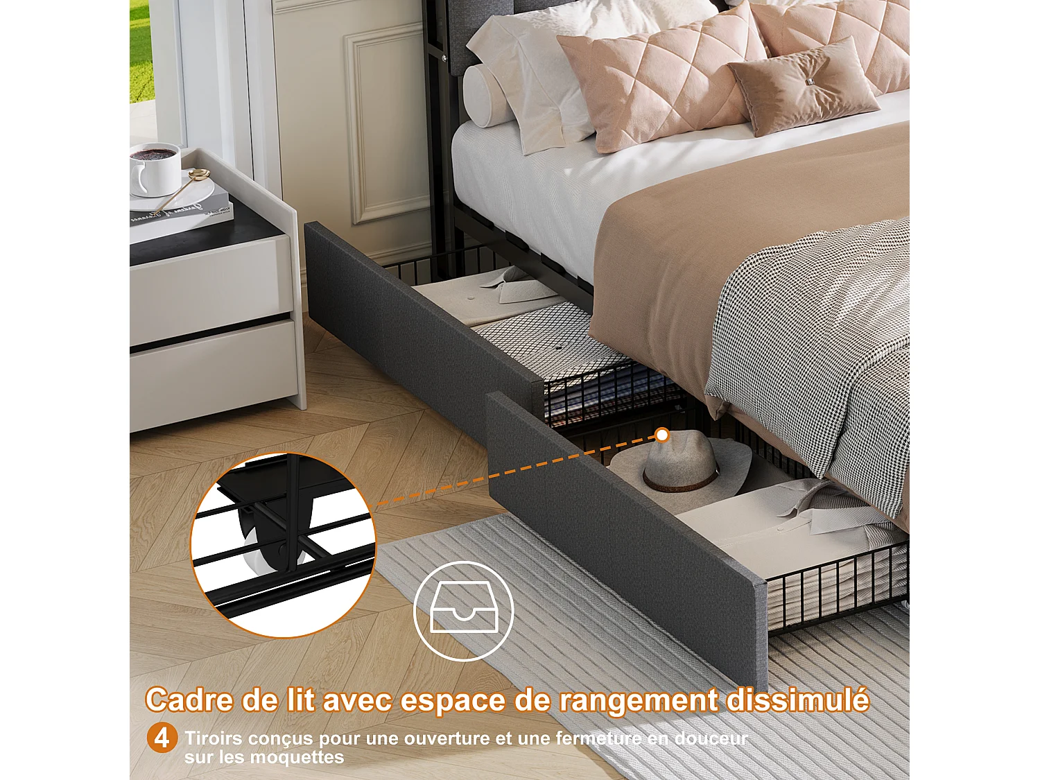 90 x 200 cm großes Bett mit Schubladen, gepolstertes Einzelbett mit Lattenrost, LED-Beleuchtung und USB-Anschluss, Leinen, Grau