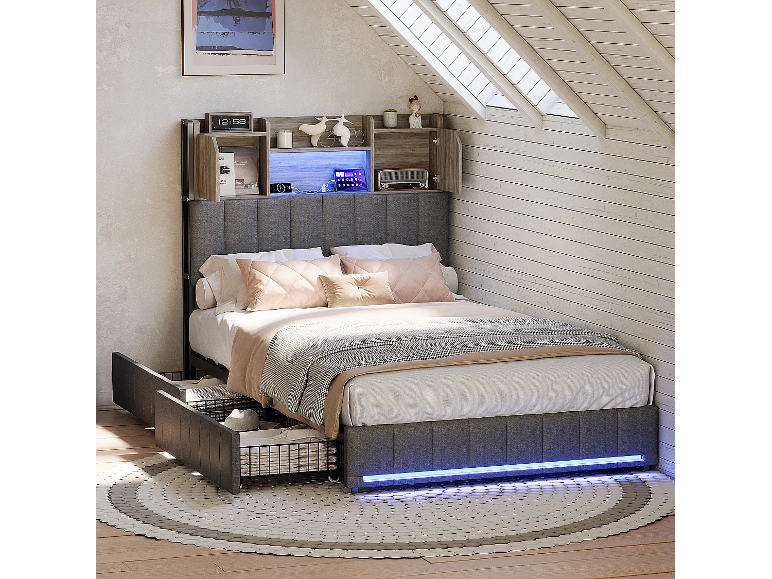 90 x 200 cm großes Bett mit Schubladen, gepolstertes Einzelbett mit Lattenrost, LED-Beleuchtung und USB-Anschluss, Leinen, Grau