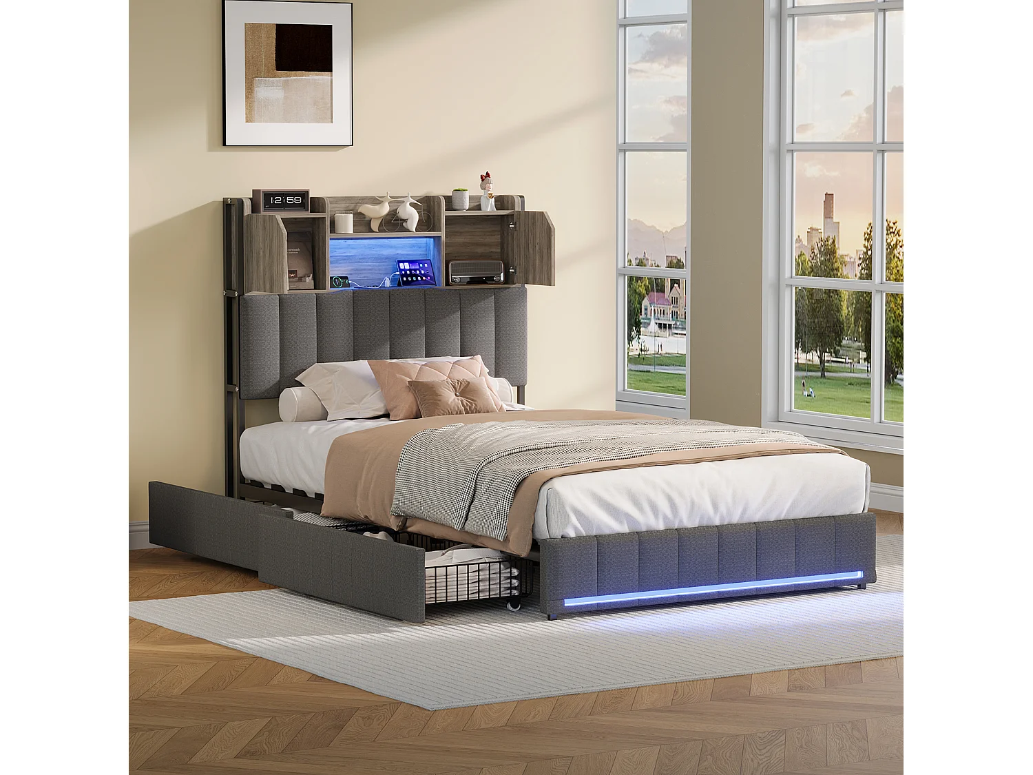 90x200 cm bed met opberglades, gestoffeerd eenpersoonsbed met lattenbodem, led- en usb-aansluiting, linnen, grijs